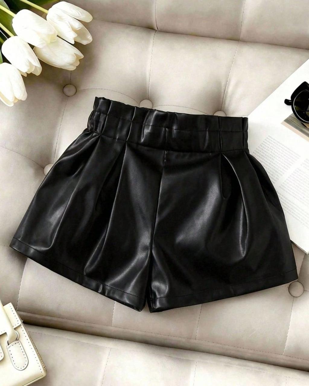 Baby Girls High Waist Pleated Faux Leather Short | 6M - 3Y