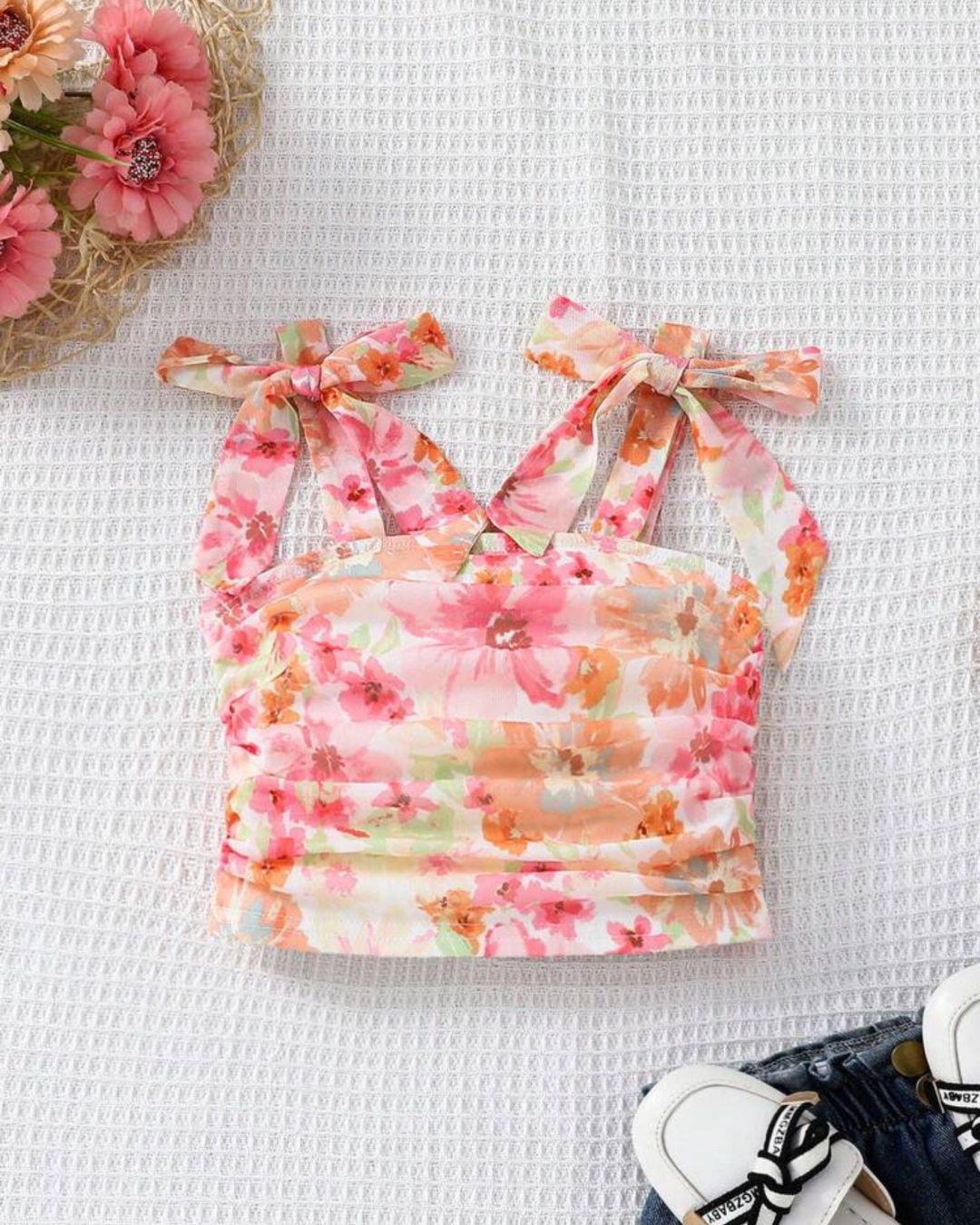 Young Girls Multicolor Floral Print Ruched Tie Shoulder Cami Top | 4Y - 7Y