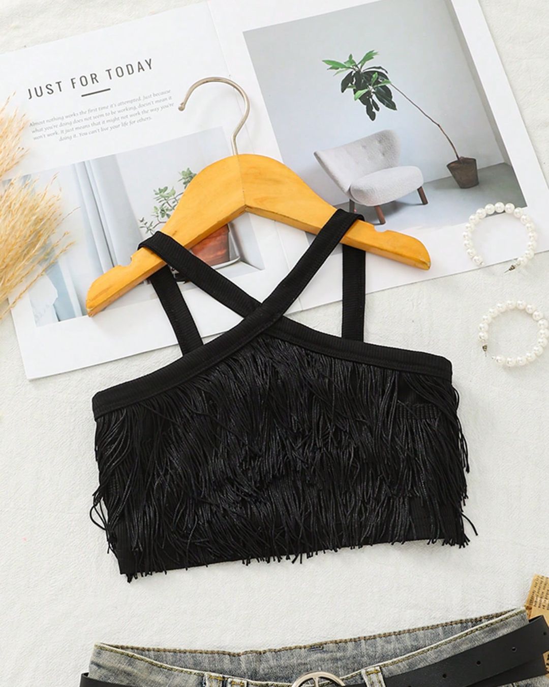 Young Girls Black Fringe Trim Crop Cami Top | 4Y - 7Y