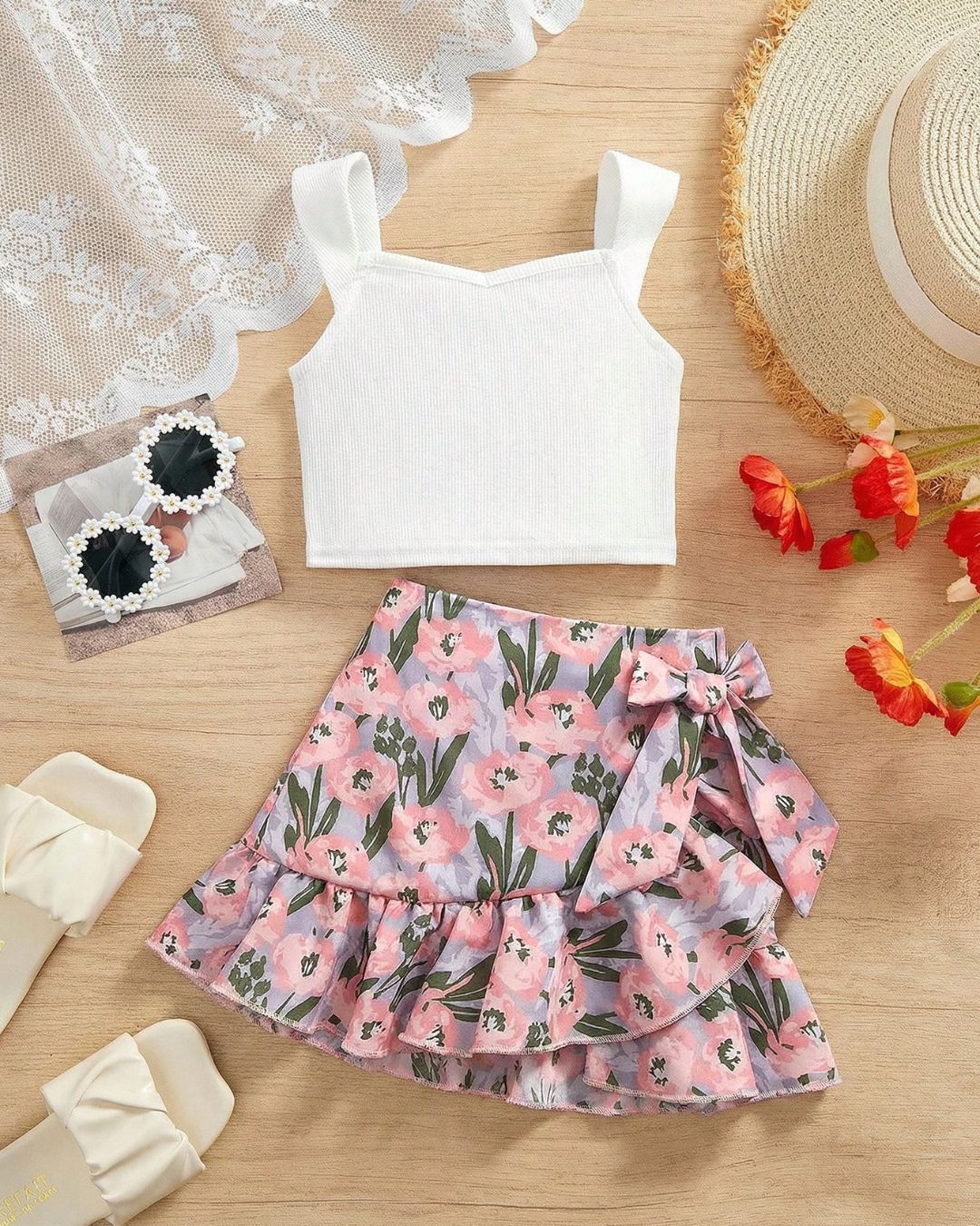 Baby Girls Solid Color Cami Top & Floral Print Skirt Set | 6M - 3Y