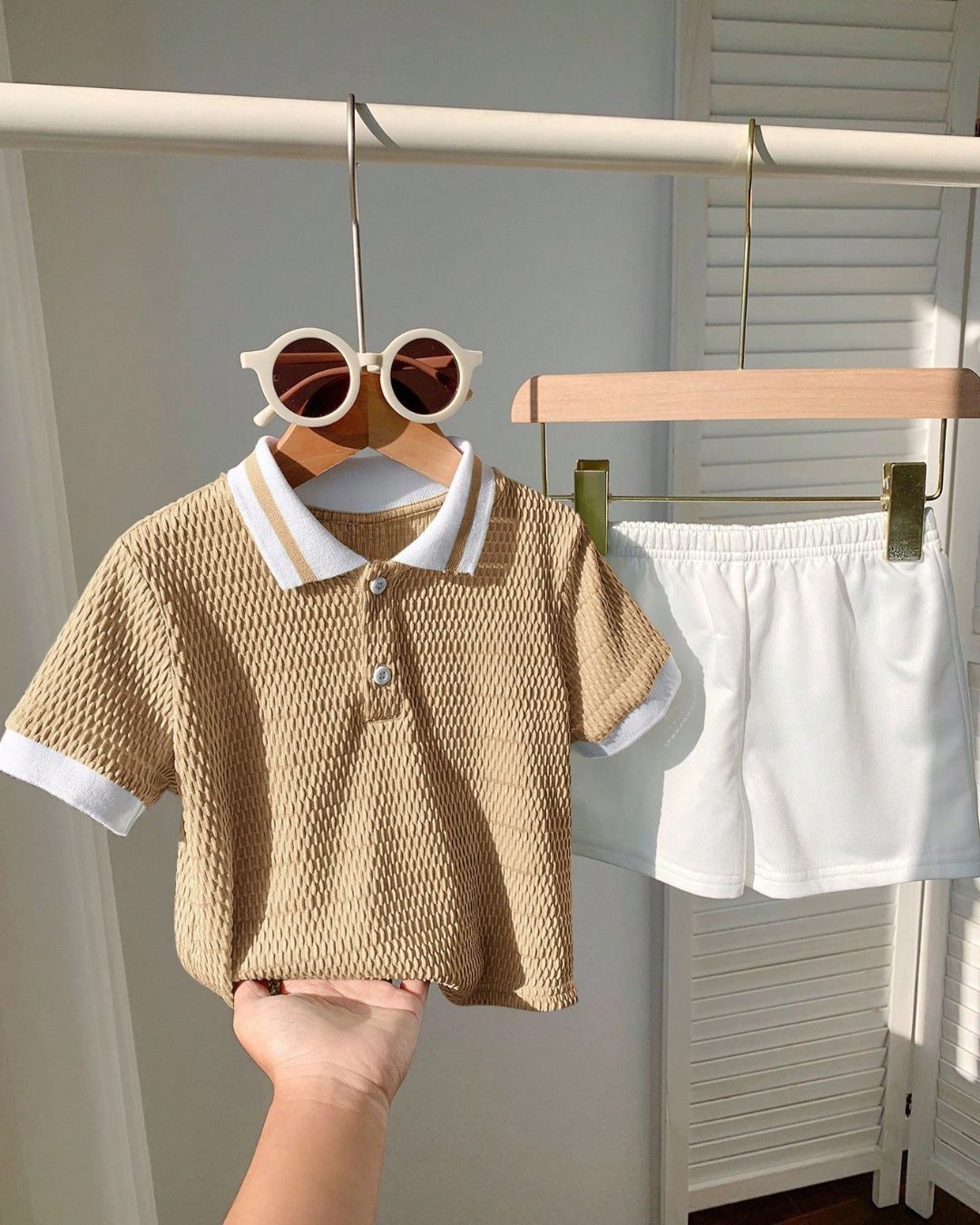 Baby Boys Waffle Knit Polo Collar Solid Color Top & Shorts Set | 6M - 3Y