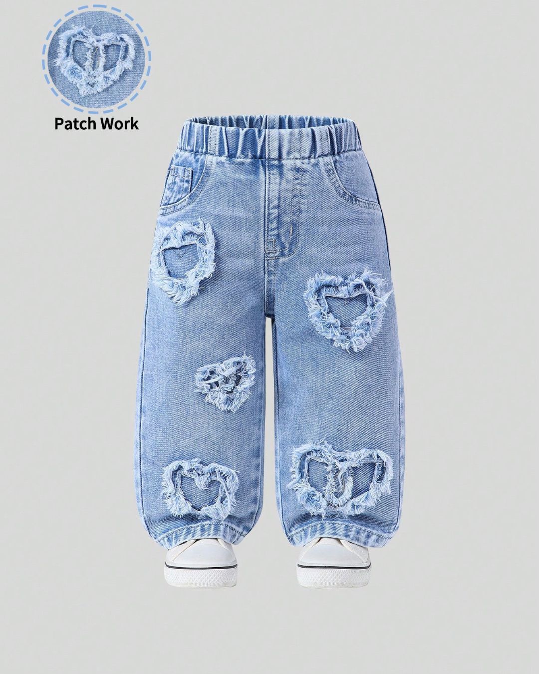 Baby Girls Light Wash Heart Patch Embroidered Wide Legs Denim | 6M - 3Y