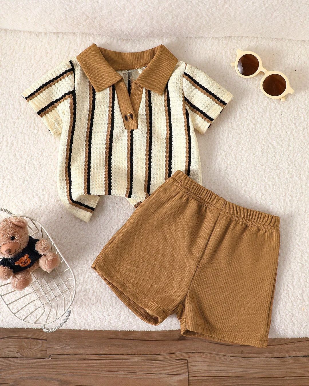 Baby Boys Spring & Summer Khaki Color Textured Fabric Striped V-Neck Top & Shorts Set | 6M - 3Y
