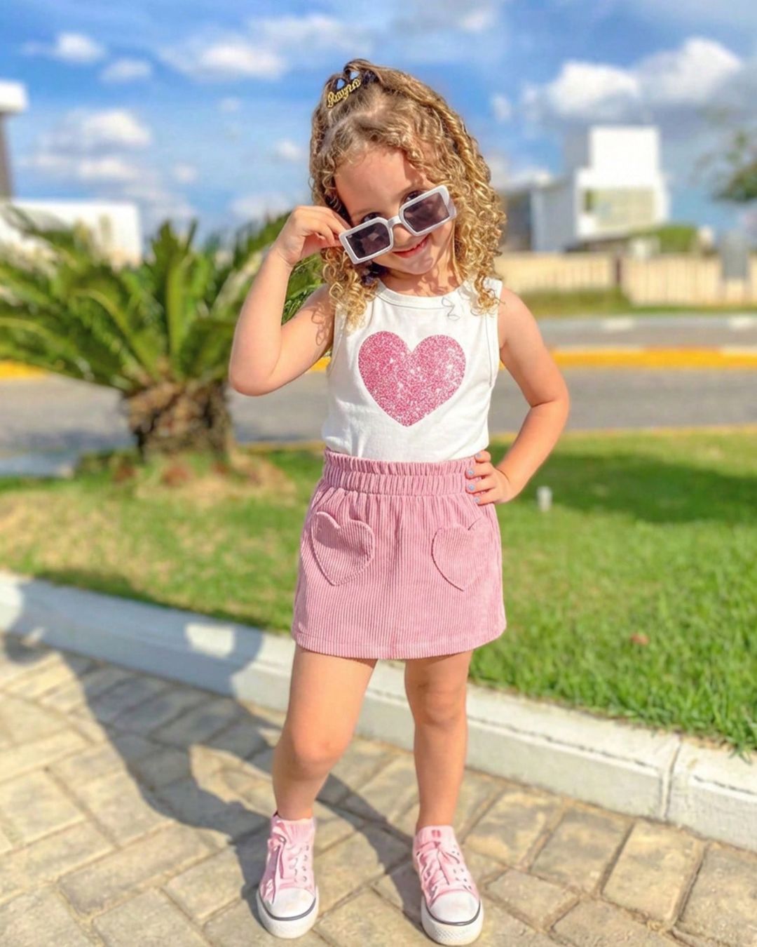 Young Girls Glitter Heart White Top & Heart Pocket Design Pink Skirt | 4Y - 7Y