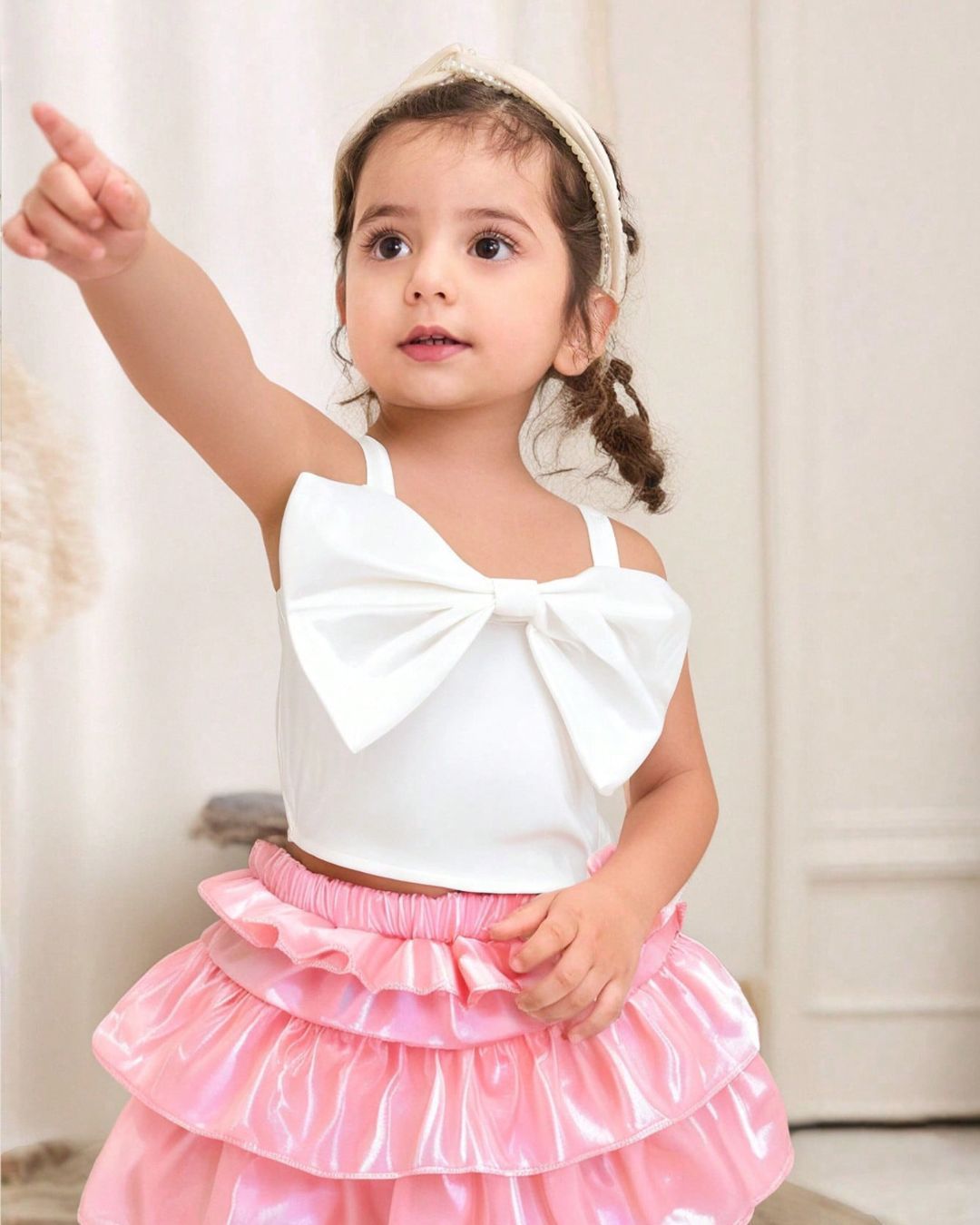 Baby Girls Sweet Bow White Camisole Top & Pink Ruffled Skirt Set | 6M - 24M