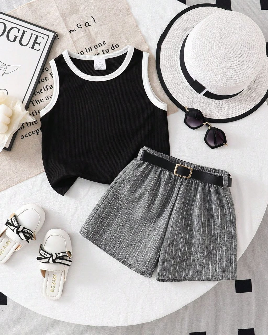 Young Girls White Trimmed Black Sleeveless Top & Grey Textured Shorts Set | 5Y - 7Y