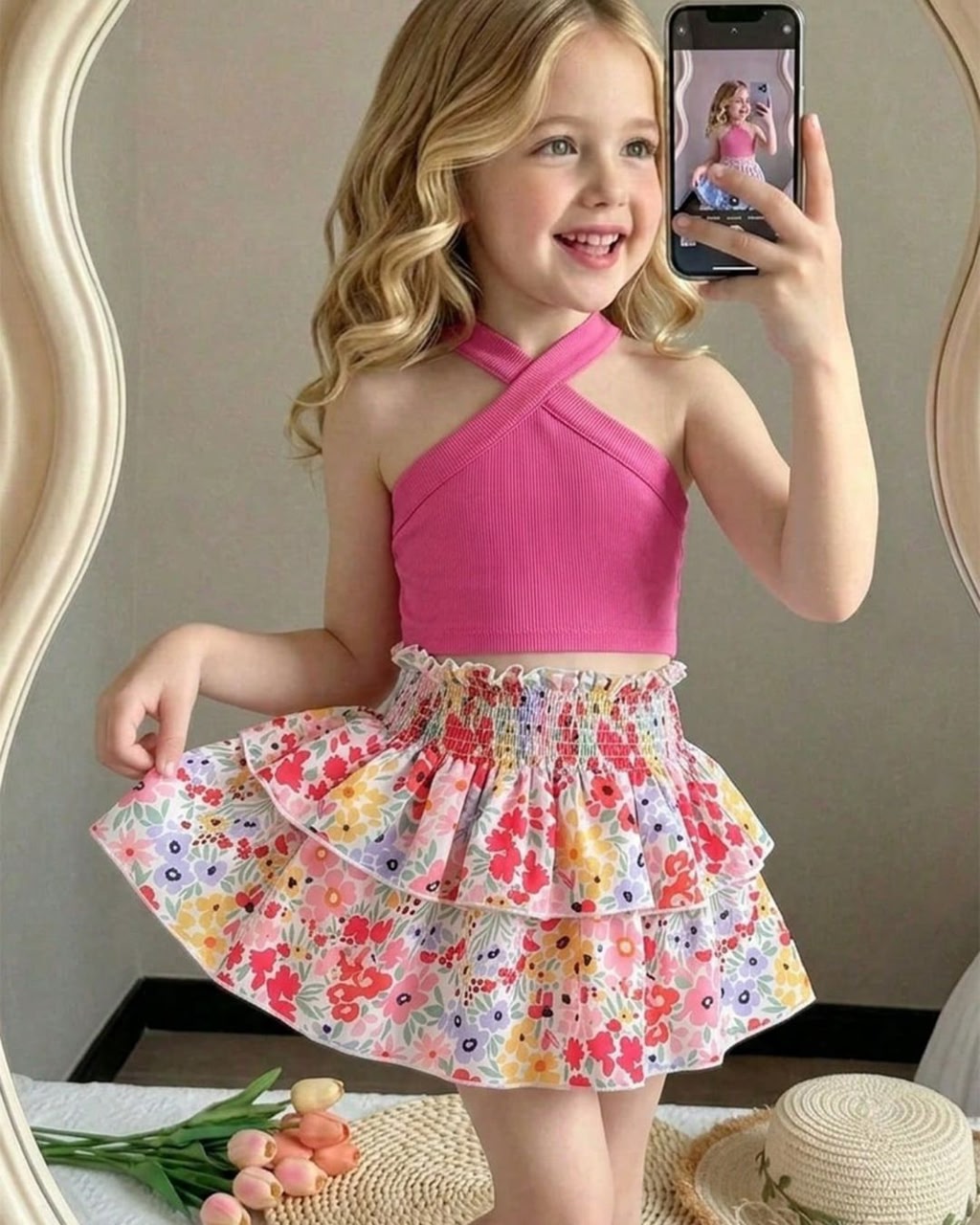 Young Girls Vacation Halter Top & Floral Ruffle Skirt | 4Y - 7Y
