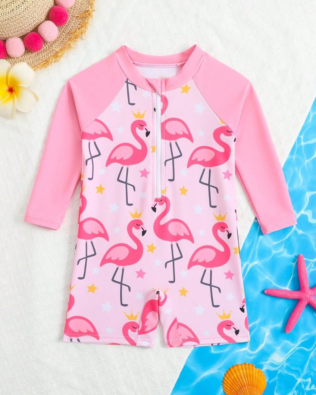Baby Girls Flamingo Printed Long Sleeve One-piece Swimsuit | 6M - 3Y