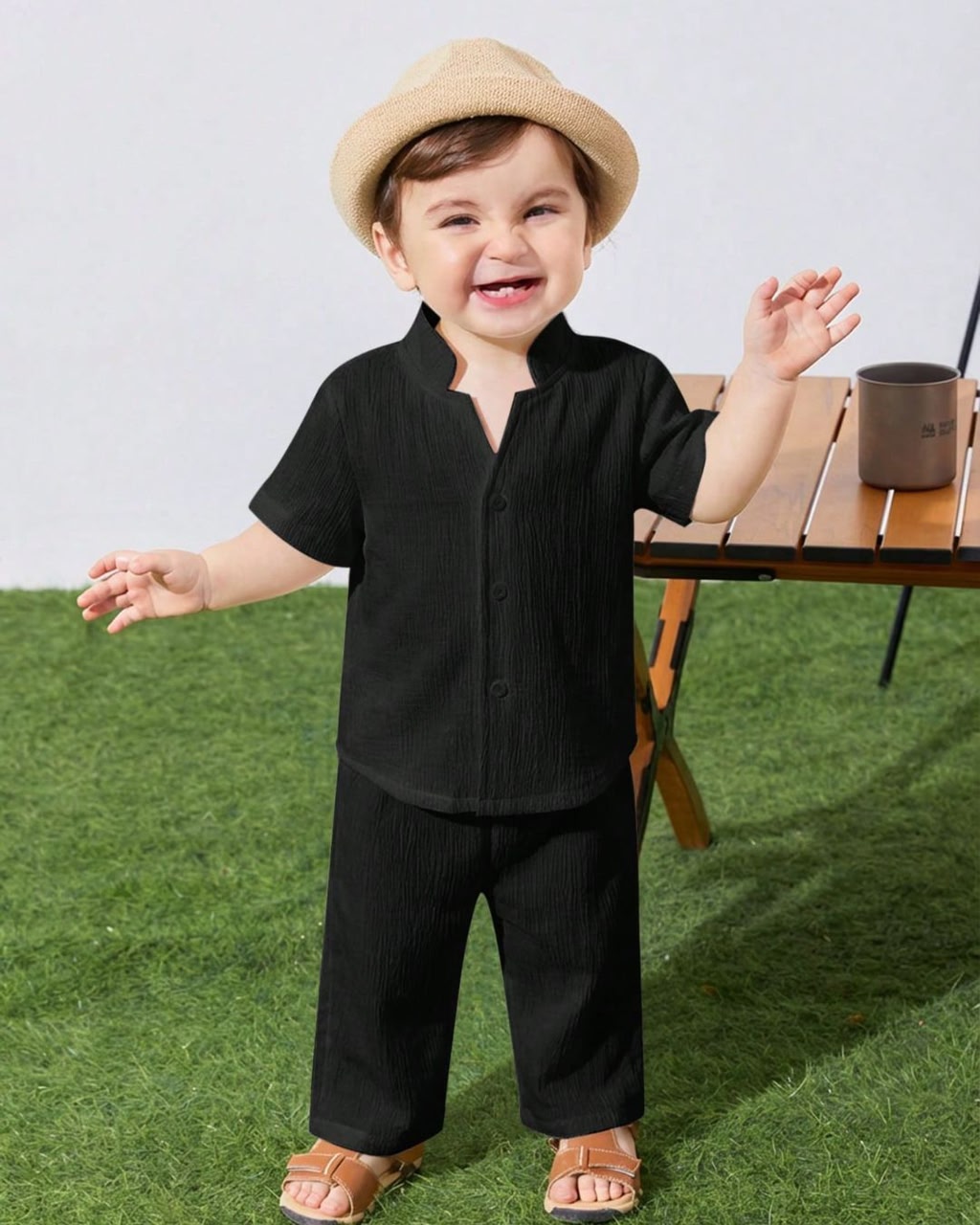 Baby Boys Black Color Woven Shirt & Pants Set | 6M - 3Y
