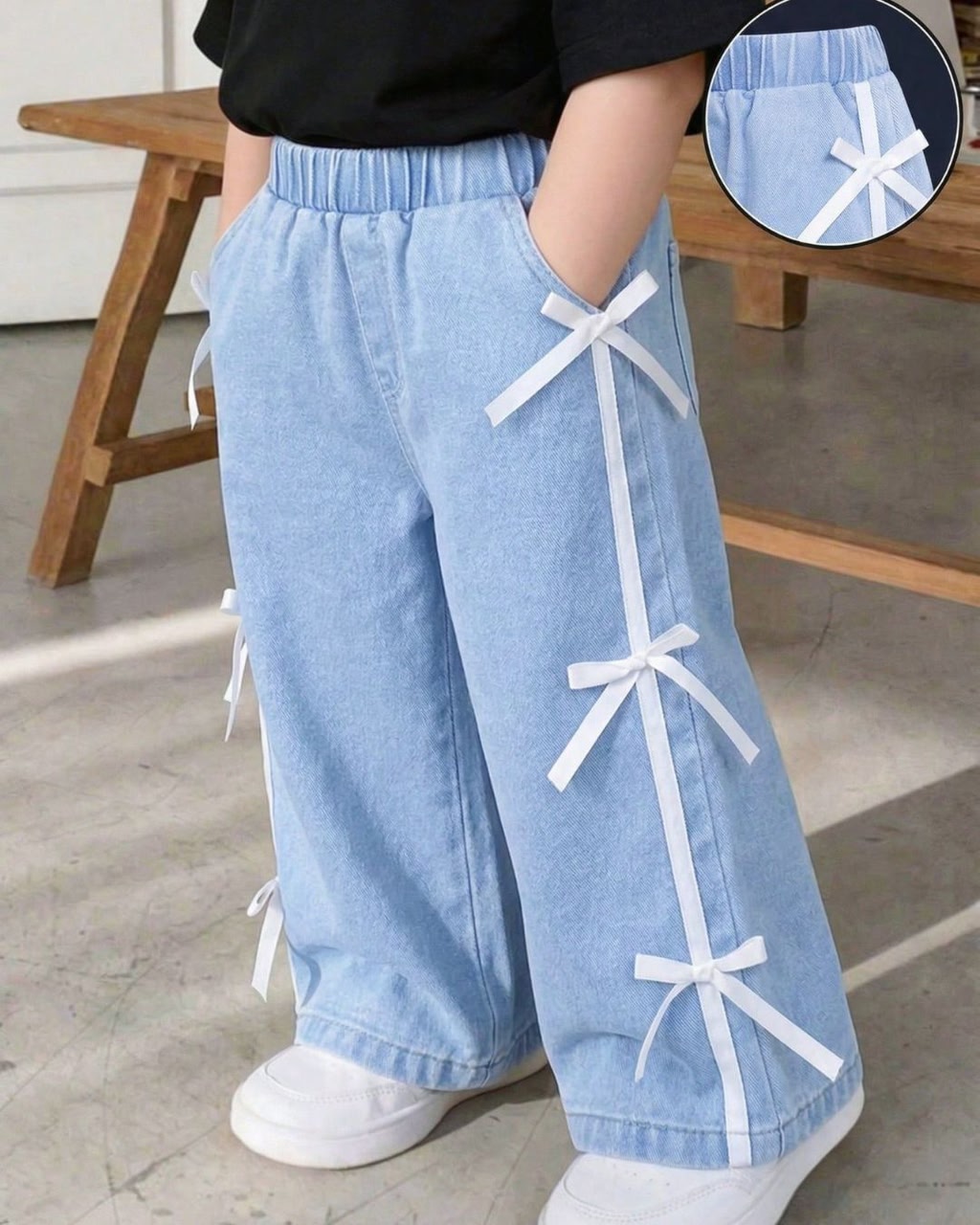 Baby Girls White Tie Stitched Straight Leg Denim | 6M - 3Y