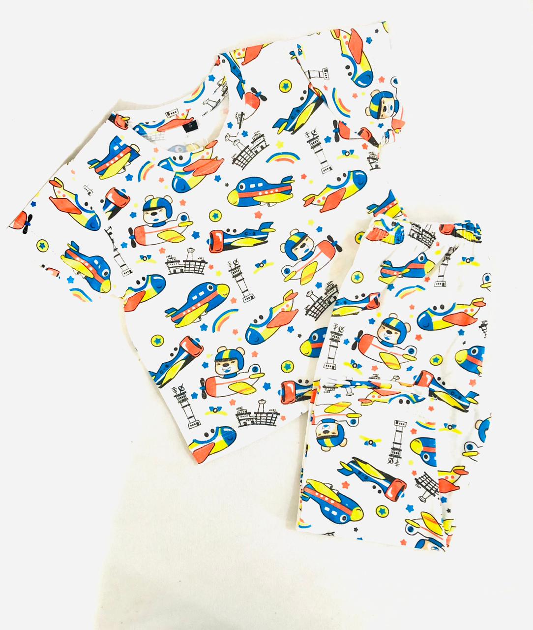 TCB Airplane Printed Off-white Short Sleeve PJ Set