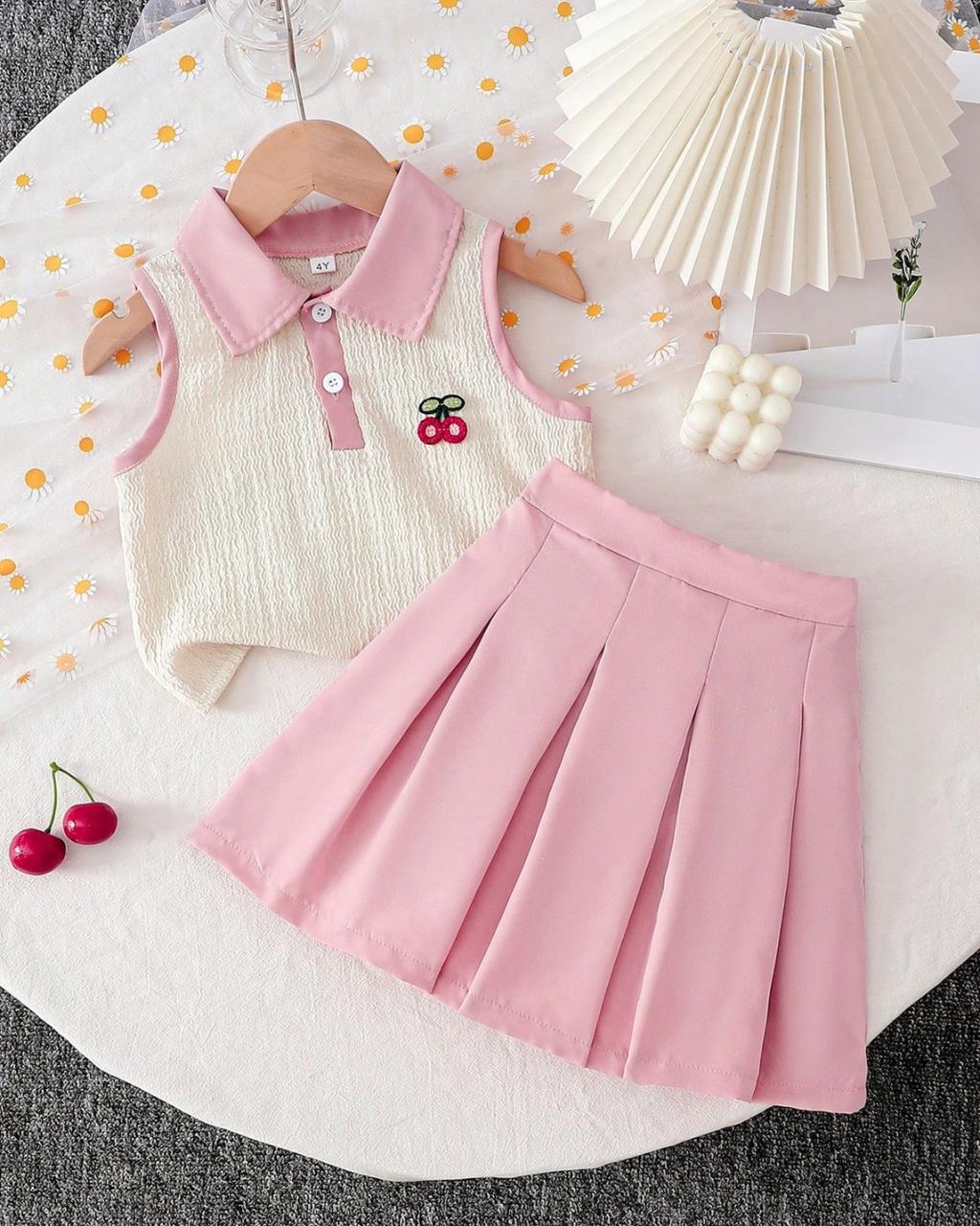 Young Girls Casual Cherry Knit Jacquard Sleeveless Polo Collar Tank Top & Solid Color Mini Skirt Set | 2Y -7Y