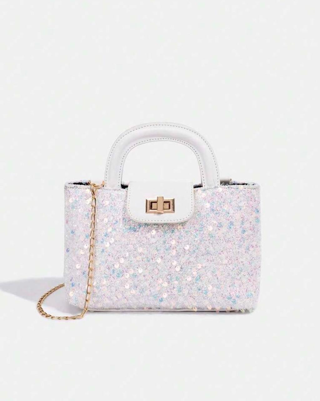 BB Twist Lock Decor White Sequin Crossbody Bag