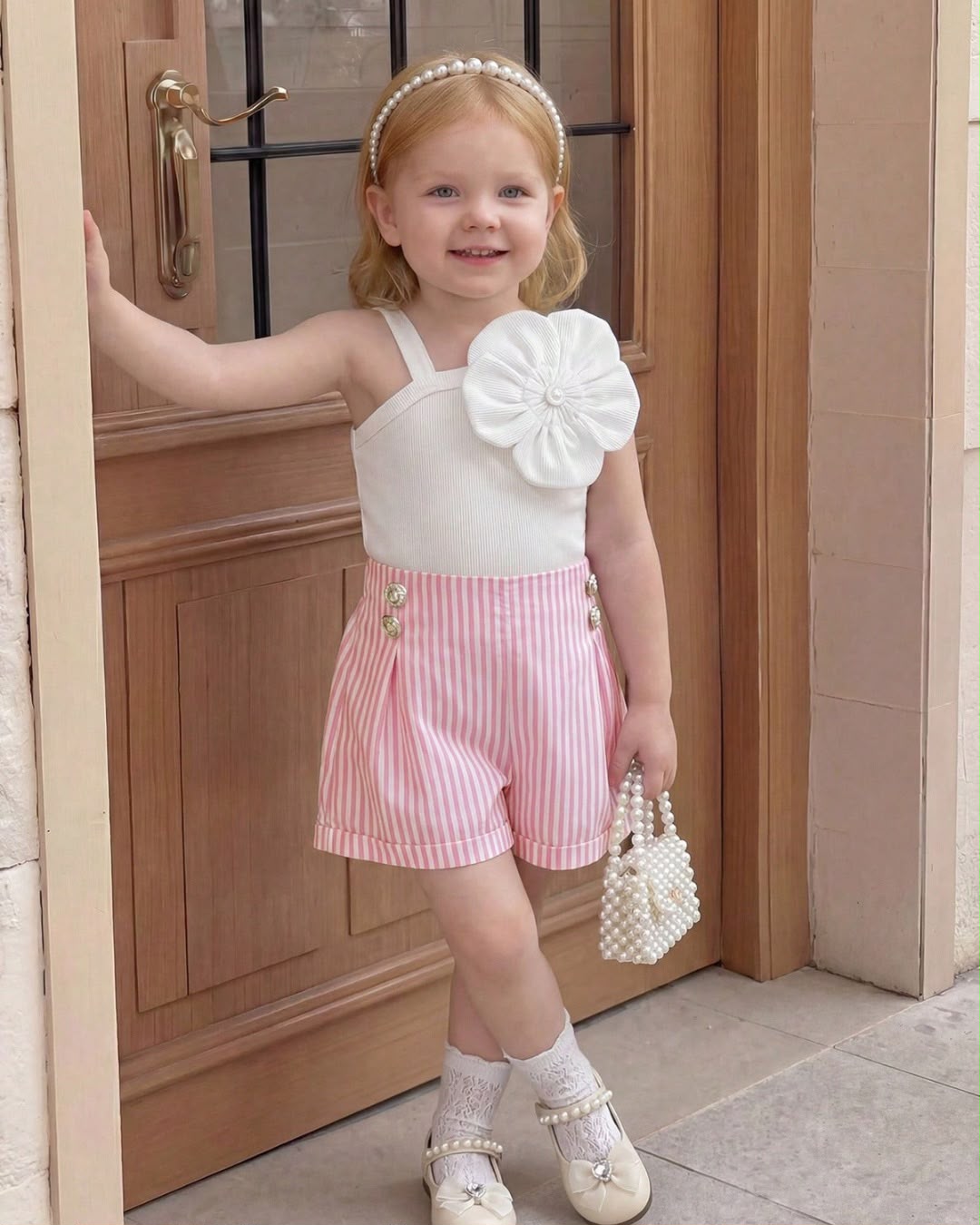 Baby Girls Ribbed Asymmetric Strap Floral Decor Top & Pink Striped Shorts Set | 3M - 3Y