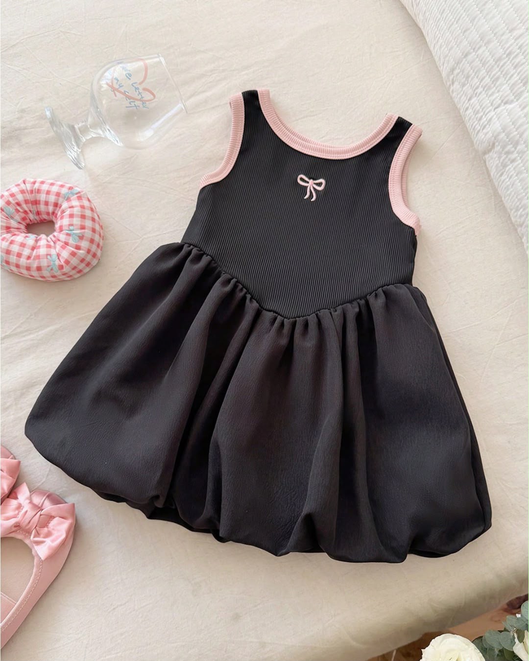 Baby Girls Black & Pink Contrasting Round-Neck Sleeveless Puffy Princess Dress | 6M - 3Y