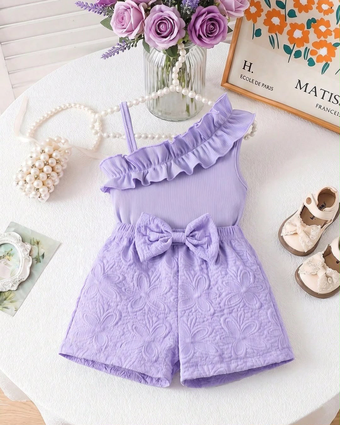 Baby Girls Lavender Ruffled Asymmetrical Strap Top & Bow Shorts Set | 6M - 3Y