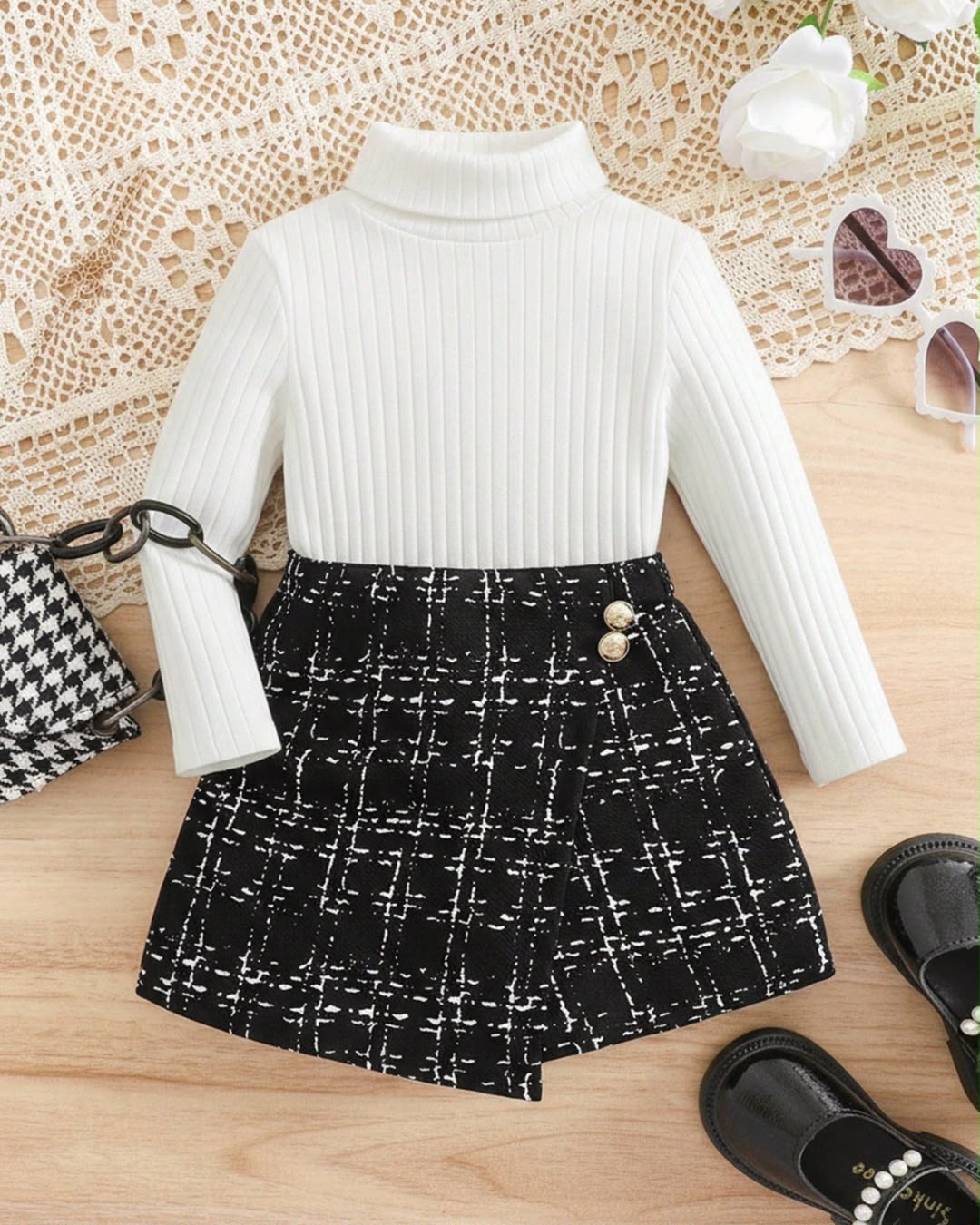 Baby Girls White High Neck Long Sleeve Top & Plaid Asymmetrical Skort Set | 6M - 3Y
