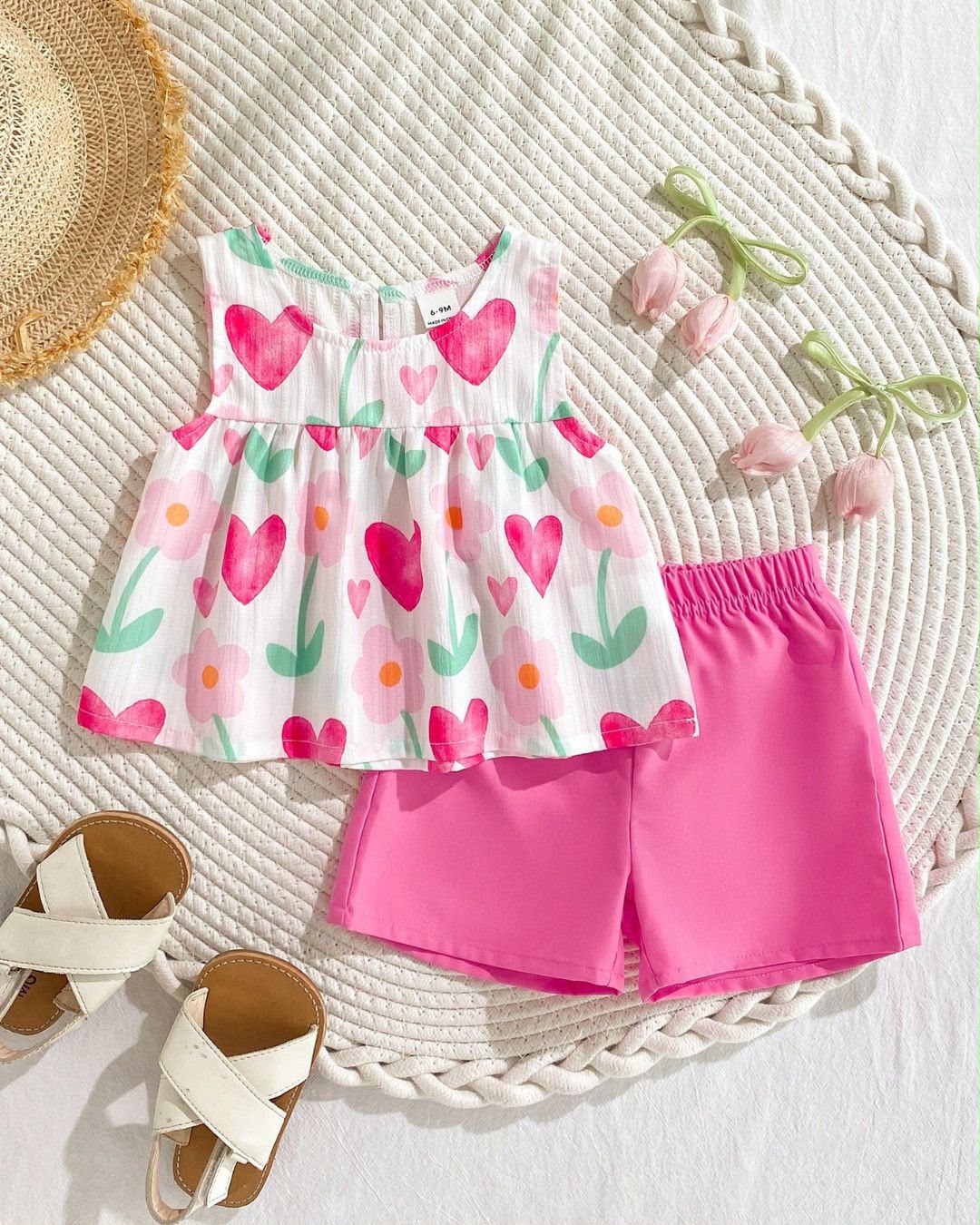 Baby Girls Summer White Sleeveless Round-Neck Top & Pink Shorts Set | 6M - 3Y