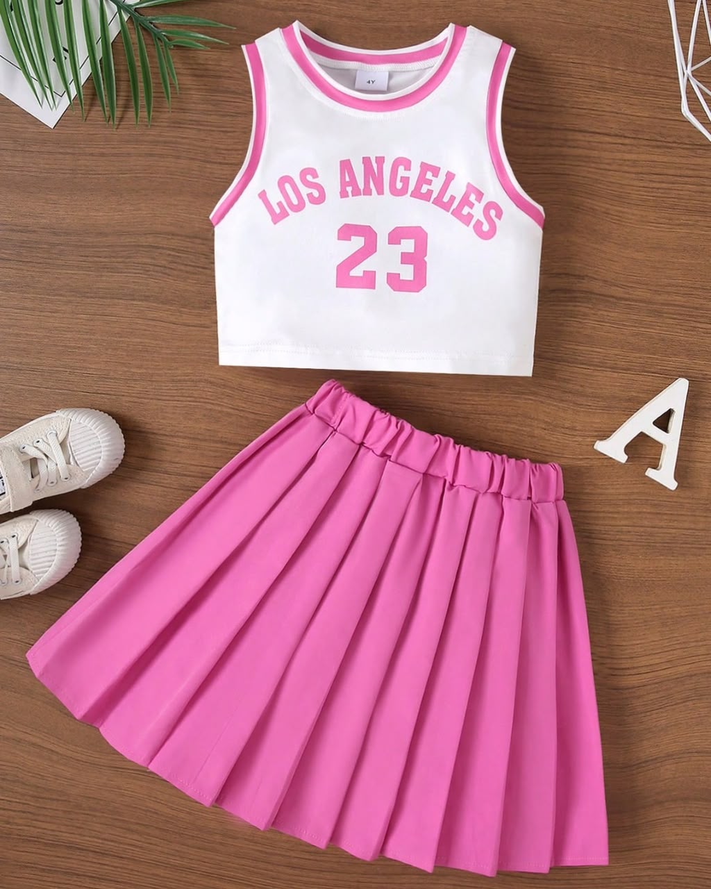 Young Girls Round Neck Letter Print Short Sleeve Top & Pink Color Pleated Skirt Set | 4Y - 7Y