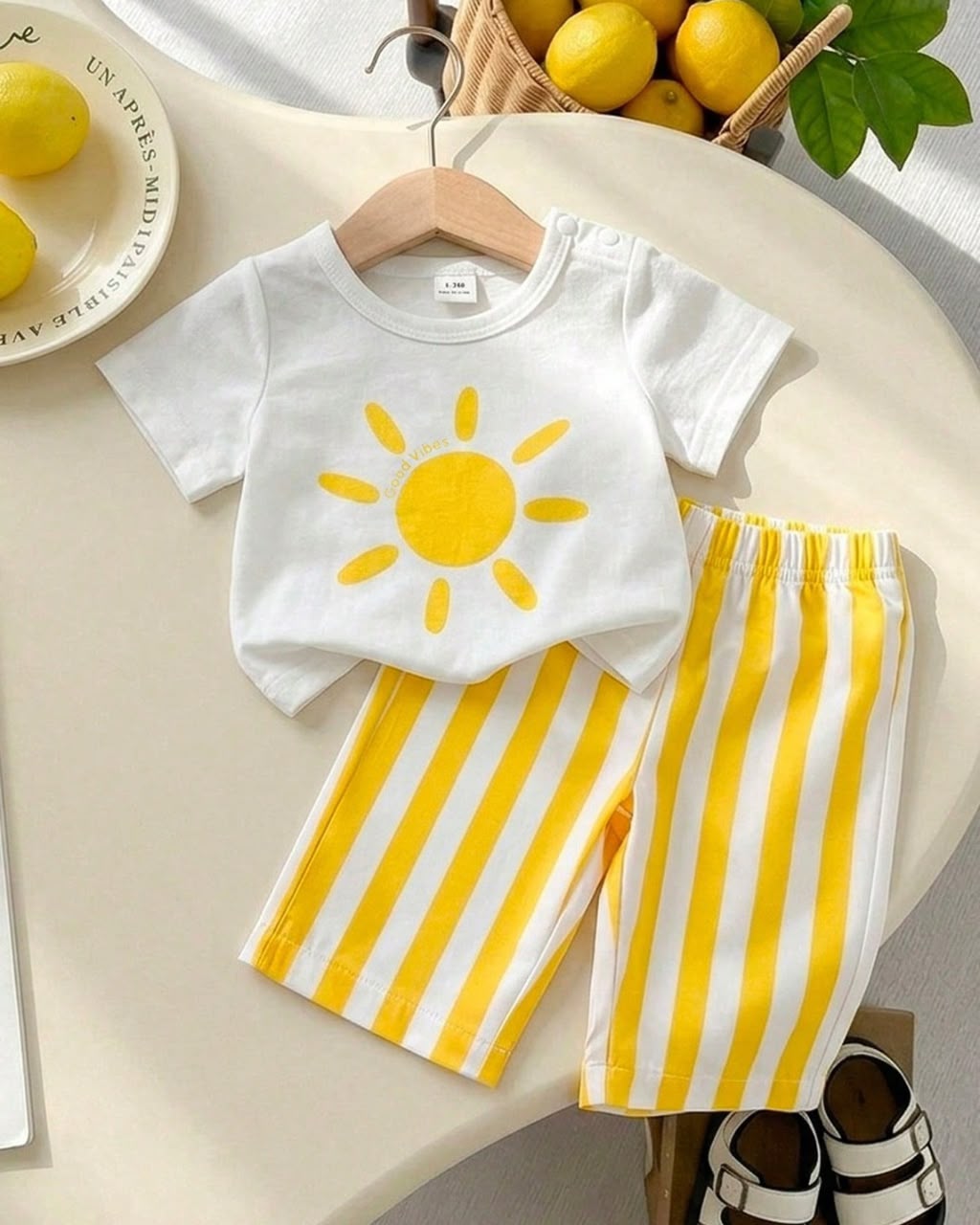 Newborn Countryside Style Yellow Sun Printed Tee & Yellow Striped Pants Set | 0M - 6M