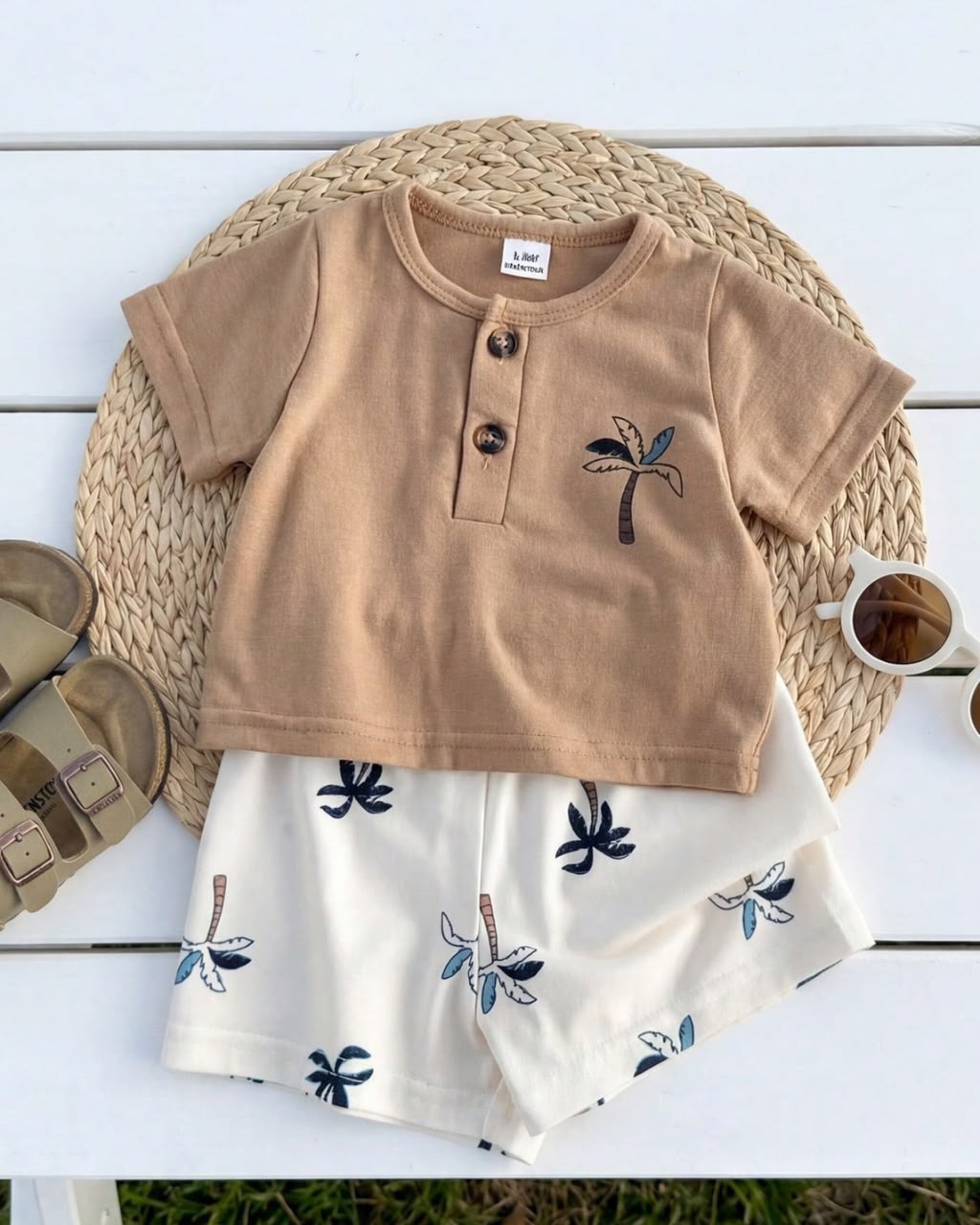 Newborn Summer Short Sleeve Round Neck Khaki Casual Tee & Shorts Set | 0M - 3M