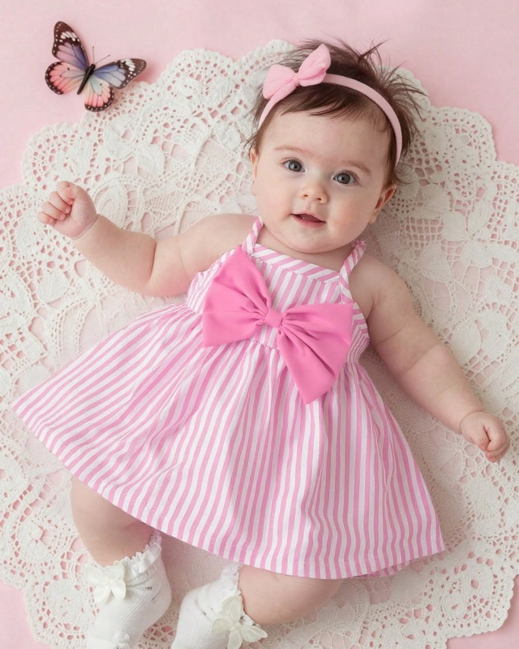 Newborn Light Pink & White Striped Sleeveless Strappy Dress | 0M - 6M