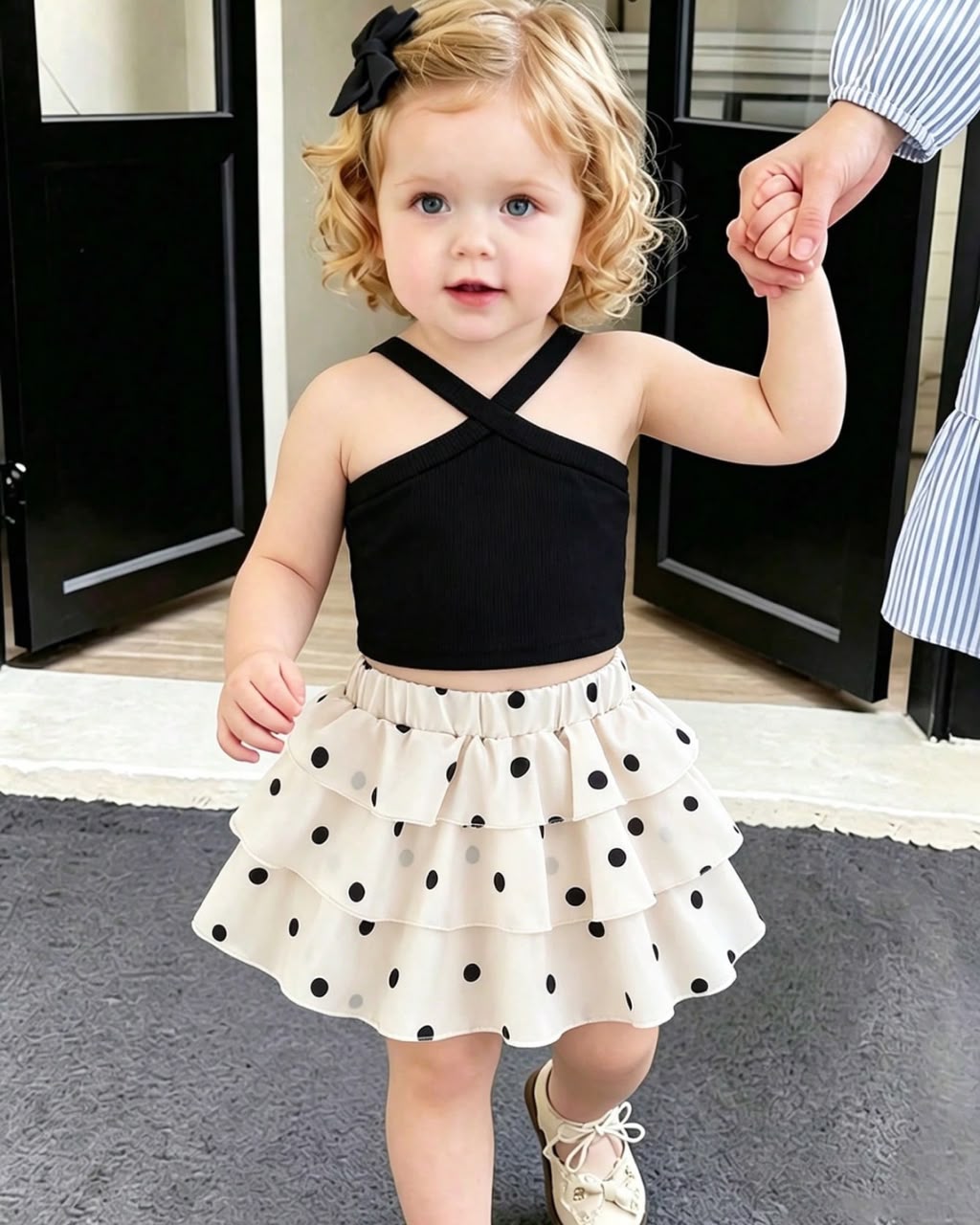 Baby Girls Cross Strap Top & Polka Dots Ruffle Hem Skirt Set | 6M - 3Y