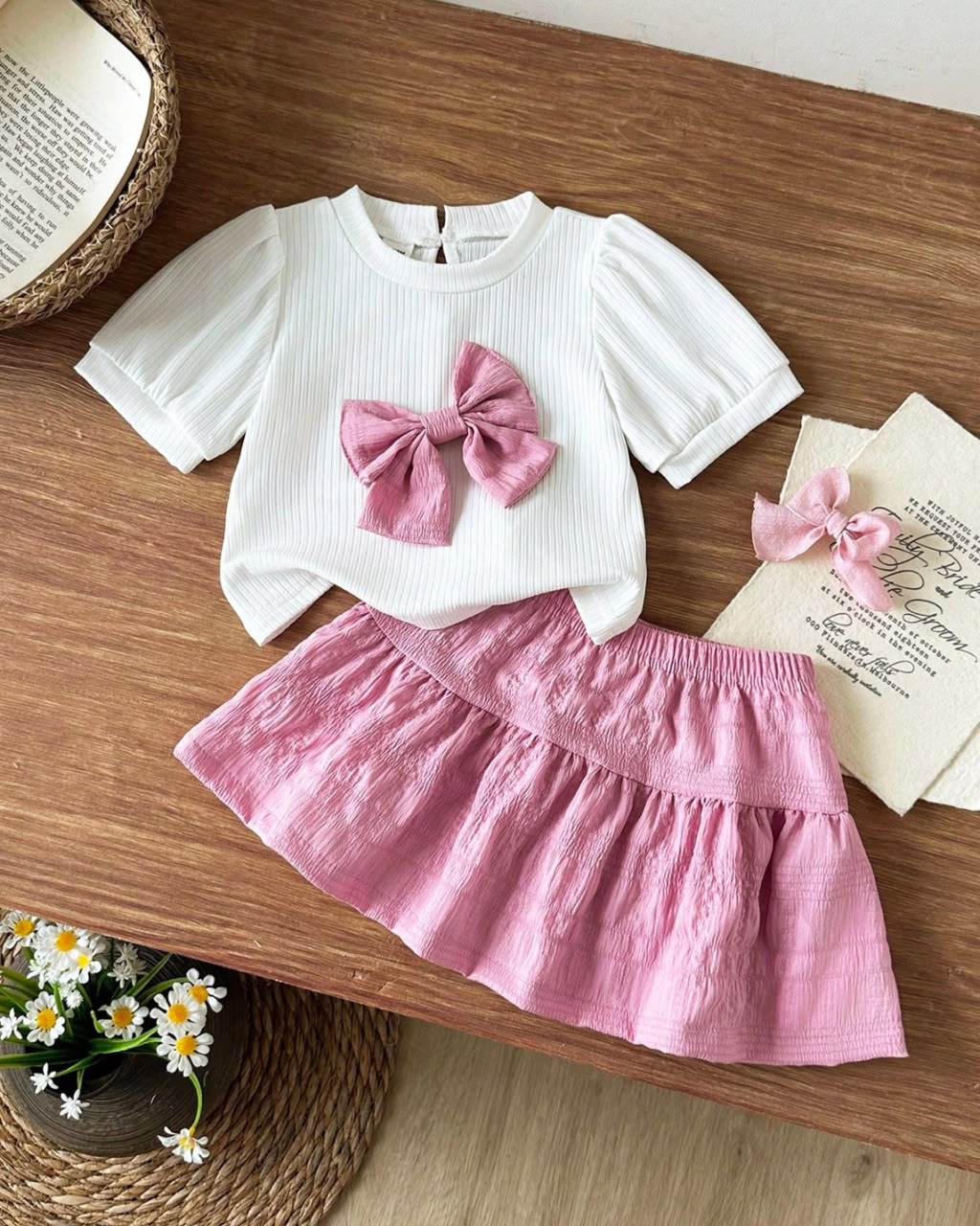Baby Girls Cute Bow Embroidered Ribbed Knit Short Sleeve Top & Textured Woven Skirt Set | 3M - 3Y