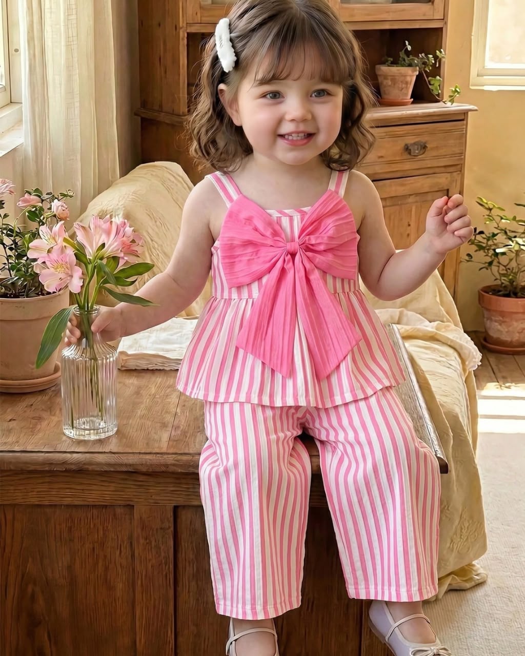 Baby Girls Large Bow Embroidered Striped Cami Top & Pants Set | 6M - 3Y