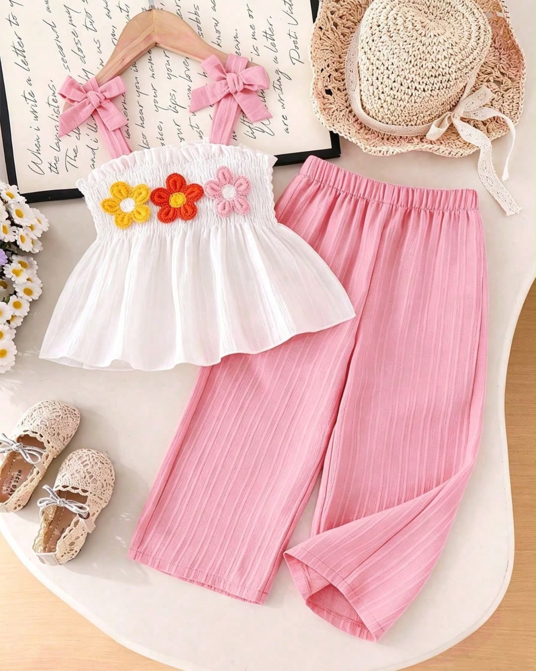Young Girls Crochet Sunflowers Embroidered Cami Top & Wide Leg Pants Set | 2Y - 7Y