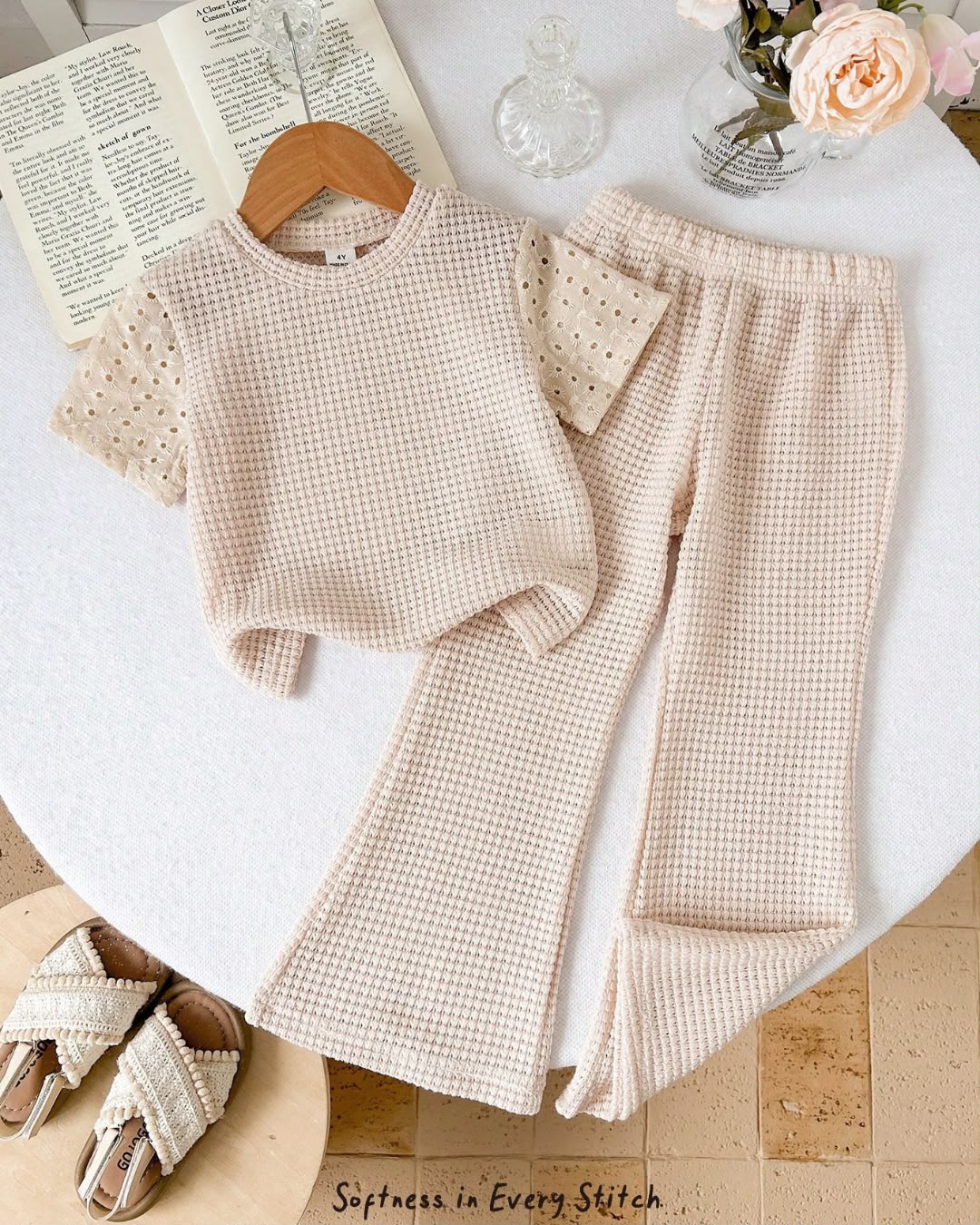 Young Girls Waffle Knit Top & Flare Pants Set | 4Y - 7Y