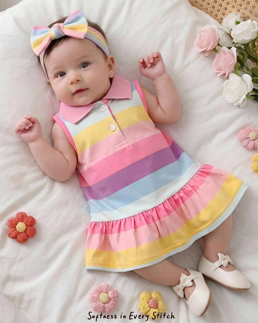 Newborn Multicolor Rainbow Stripe Design Polo Dress | 0M - 6M