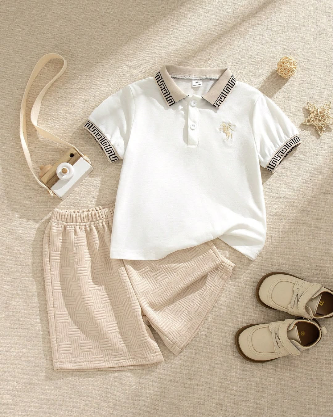 Young Boys White Polo Collar Top & Textured Shorts Set | 4Y - 7Y