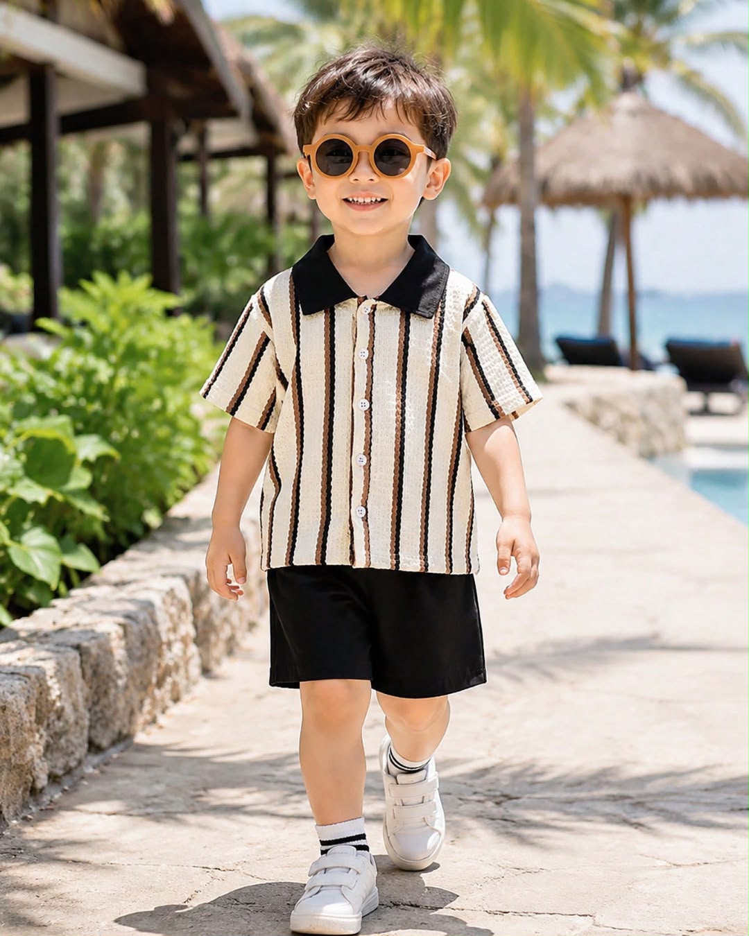 Young Boys Striped Pattern Polo Collar Button-down Shirt & Shorts Set | 4Y - 7Y