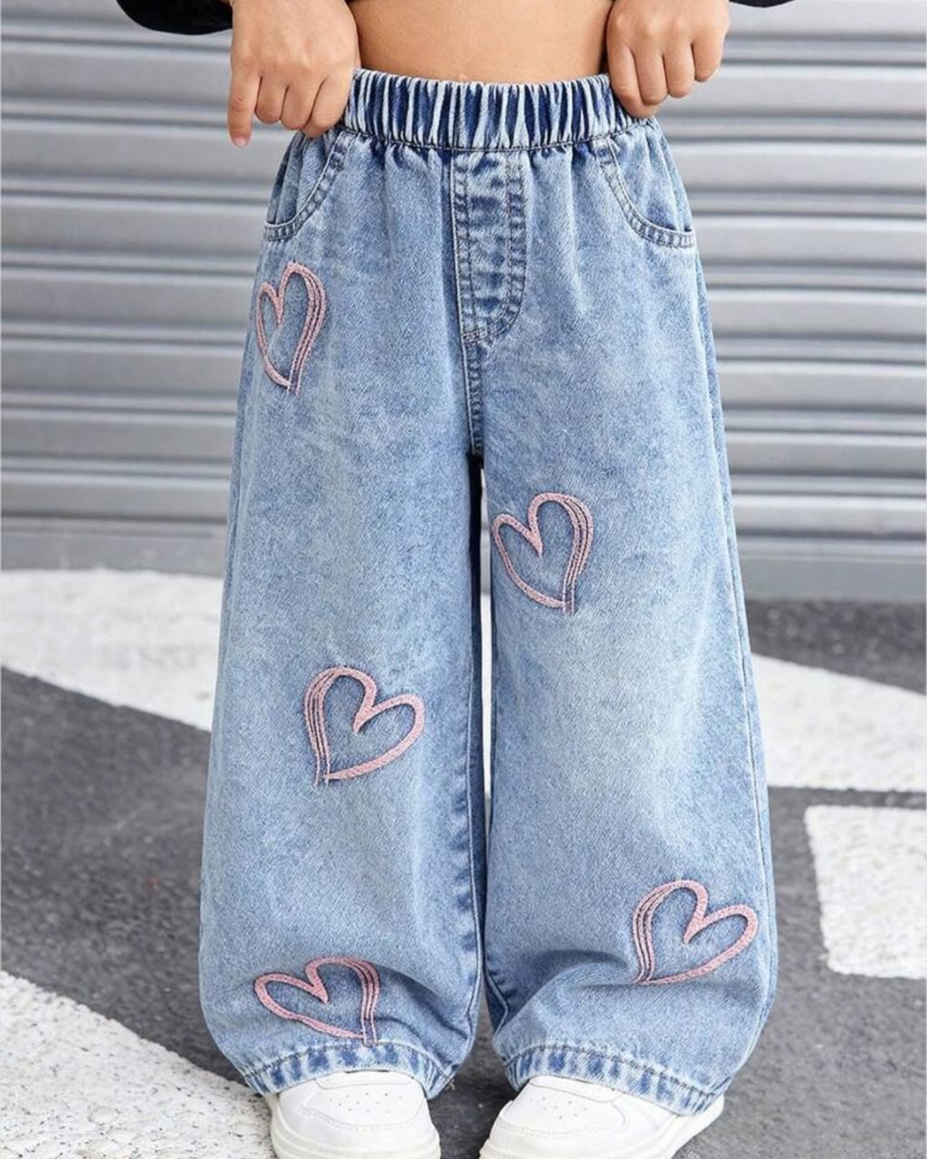 Young Girls Light Washed Pink Hearts Embroidered Wide Leg Denim | 4Y - 7Y