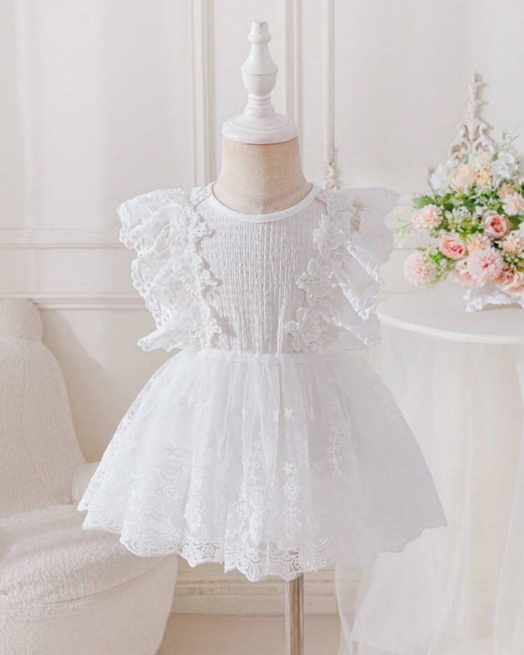 Baby Girls White Sleeveless Floral Lace Cinched Waist Puff Dress | 3M - 3Y