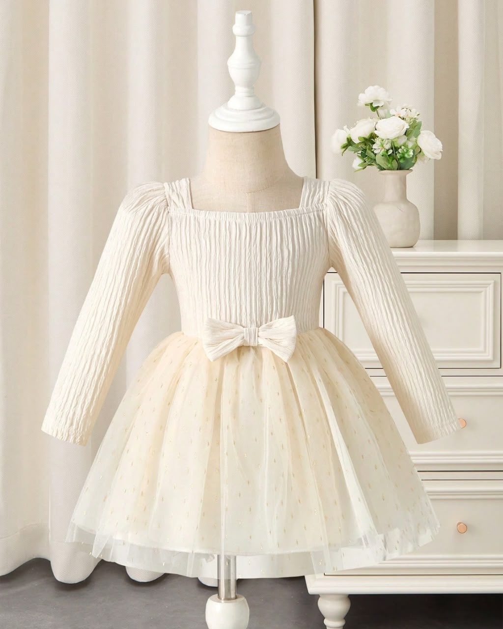 Baby Girls Square Neckline Ribbed and Mesh Dress | 6M - 3Y