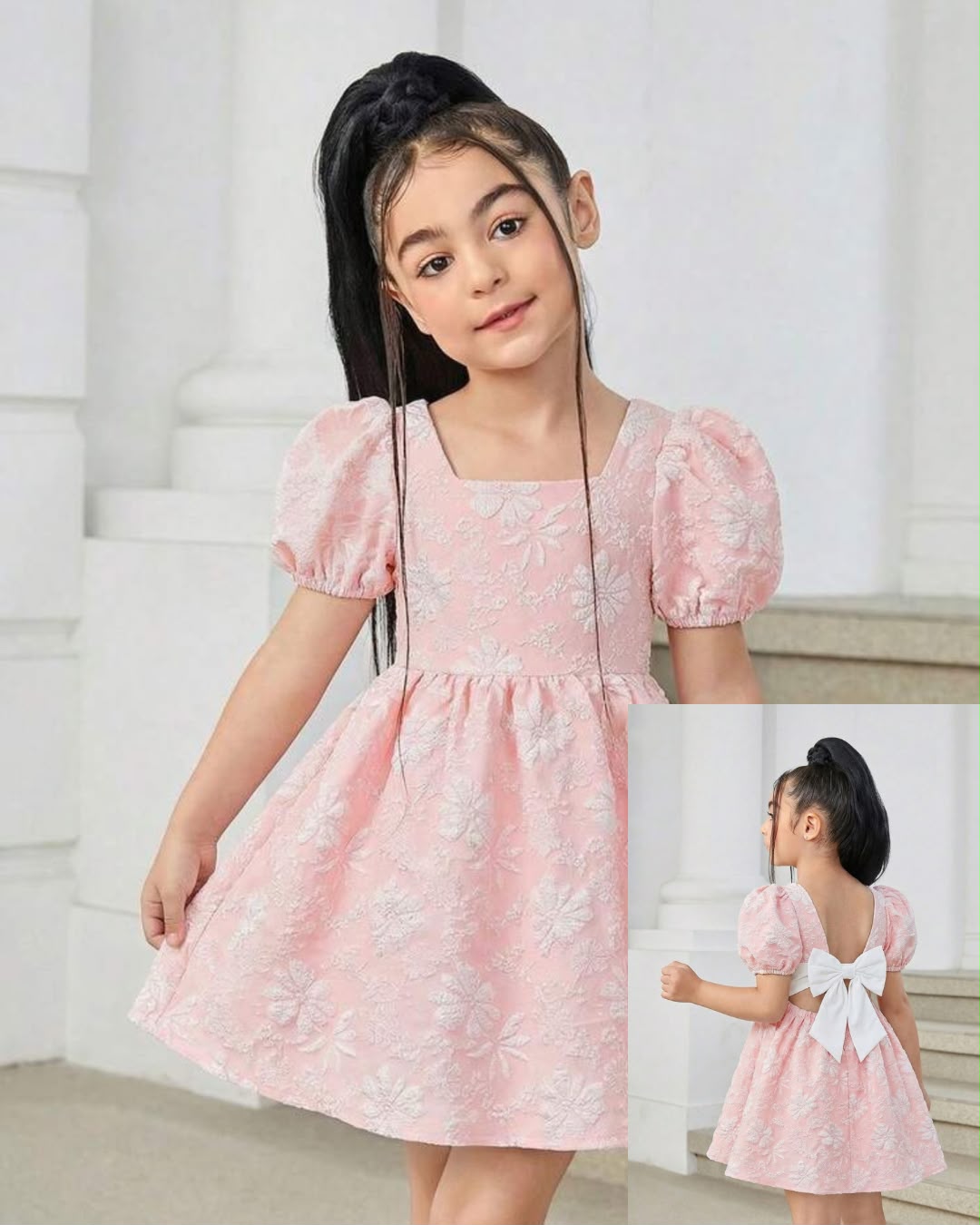 Young Girls Pink Floral Jacquard Dress | 4Y - 7Y