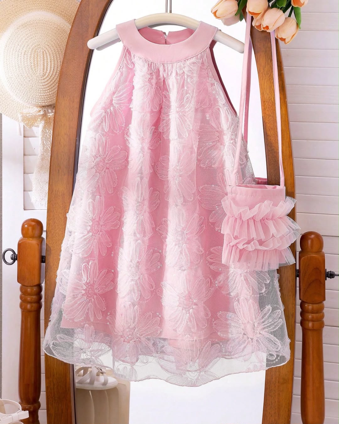 Young Girls Pink Embroidered Tulle Sleeveless Halter Neck Dress | 4Y - 7Y