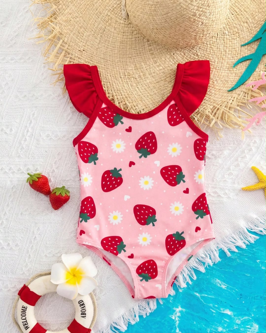 Baby Girls Strawberry Printed One-Piece Swimsuit | 6M - 3Y