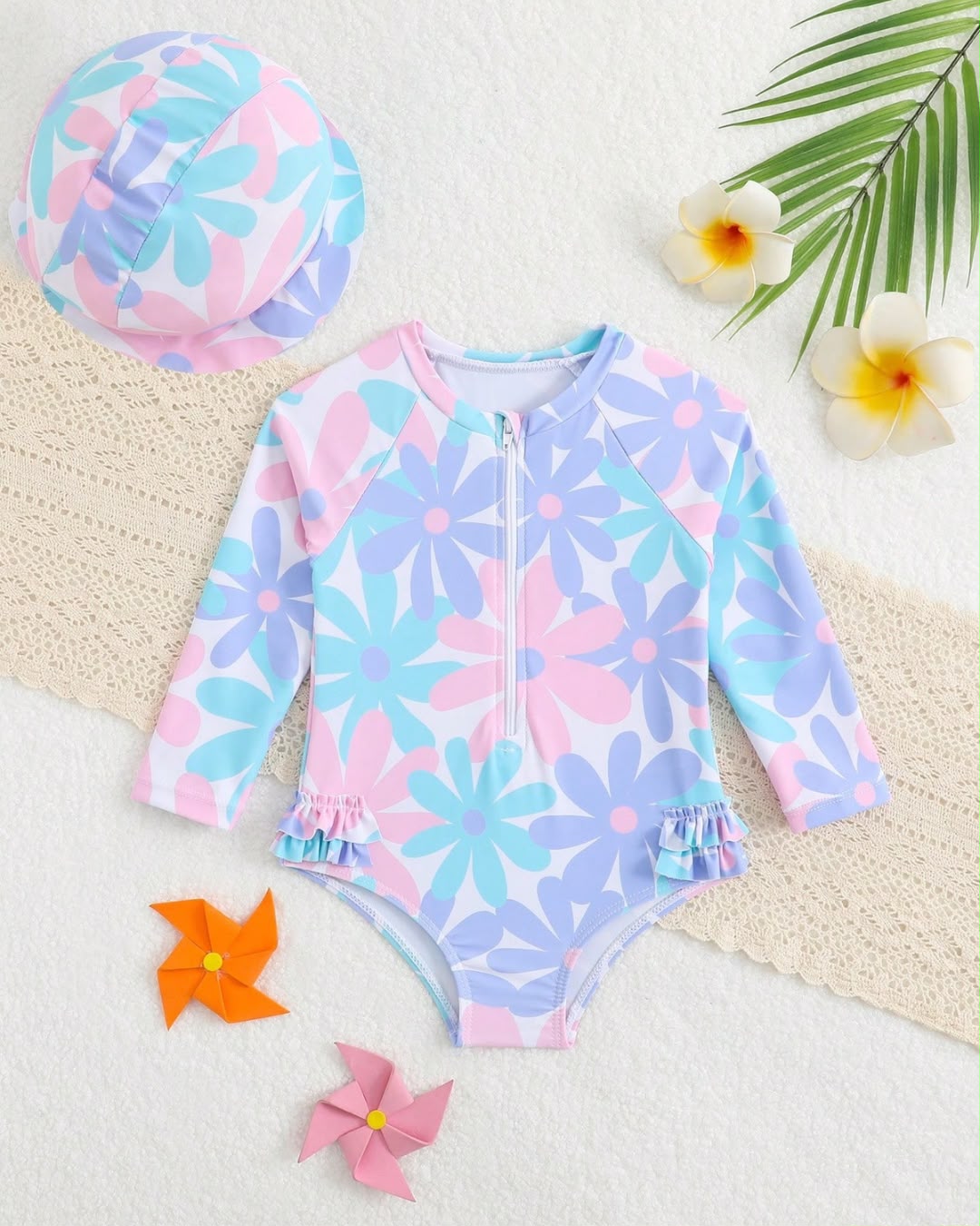 Baby Girls Floral Print Knit Long Sleeve Swim Top & Shorts Set | 3M - 3Y
