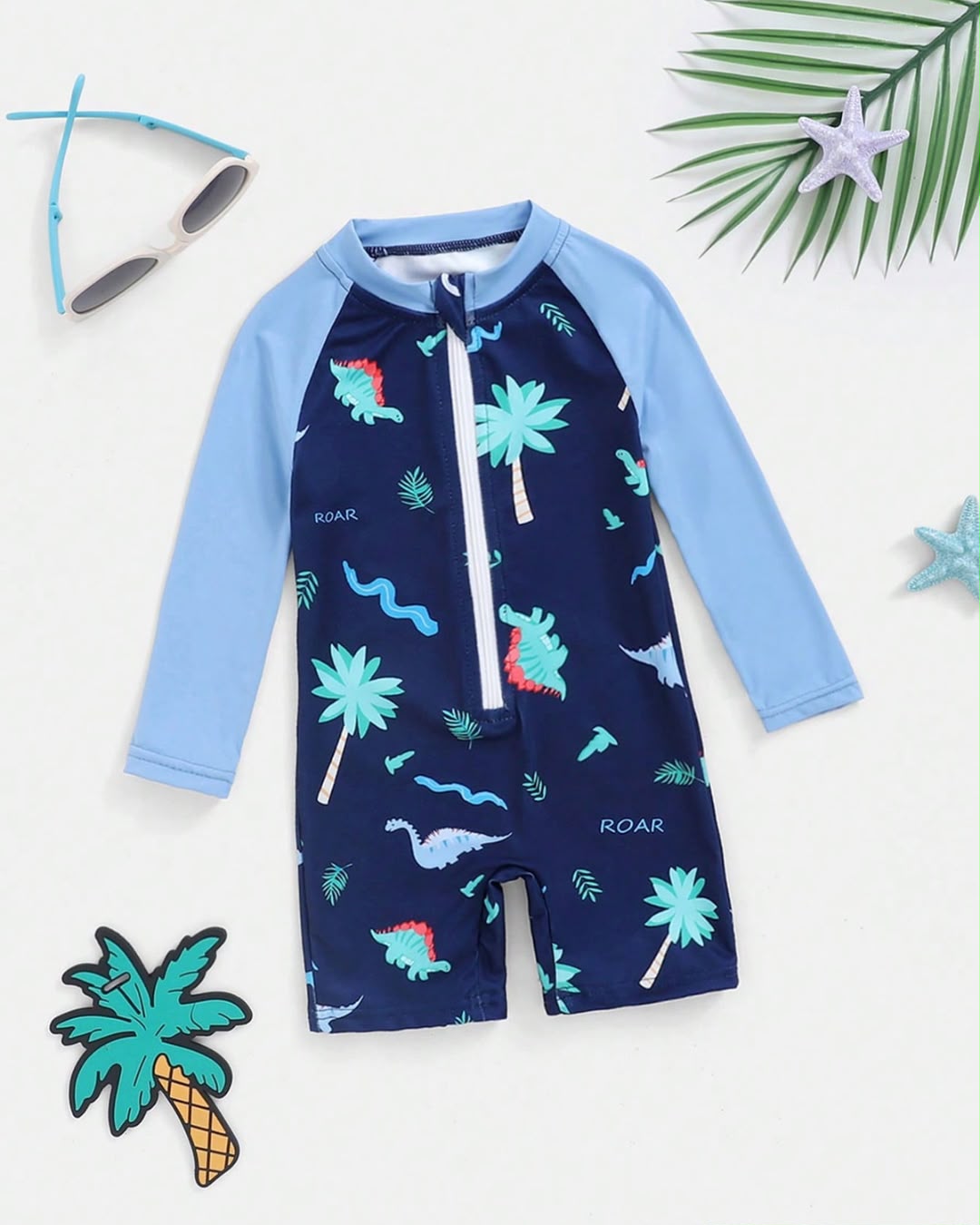 Baby Girls/Boys Long Sleeve Tropical Dinosaur & Palm Tree Printed One-piece Swimsuit | 6M - 24M