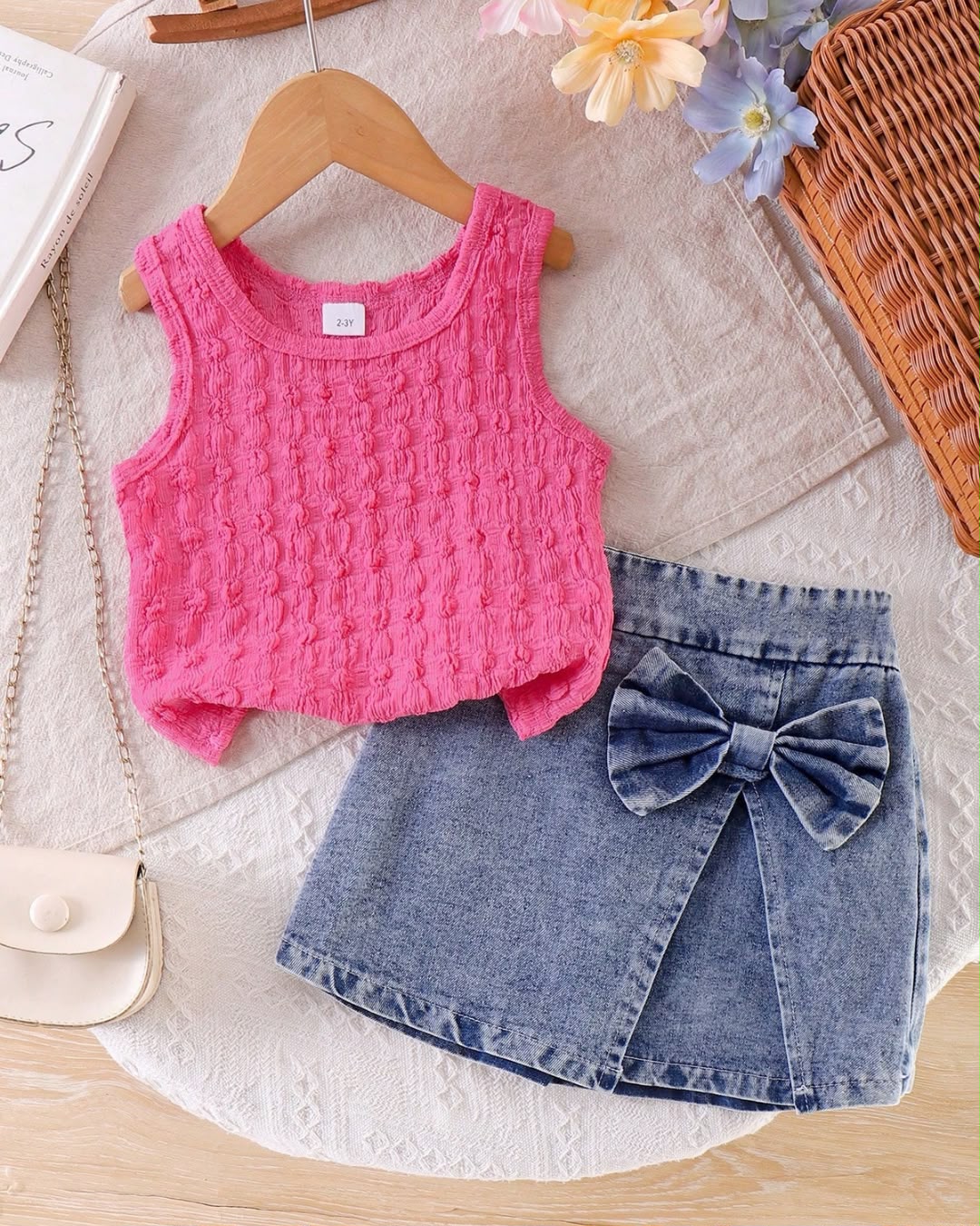 Baby/Young Girls Knit Vest Top & Blue Denim Pocket Shorts Set | 2Y - 7Y