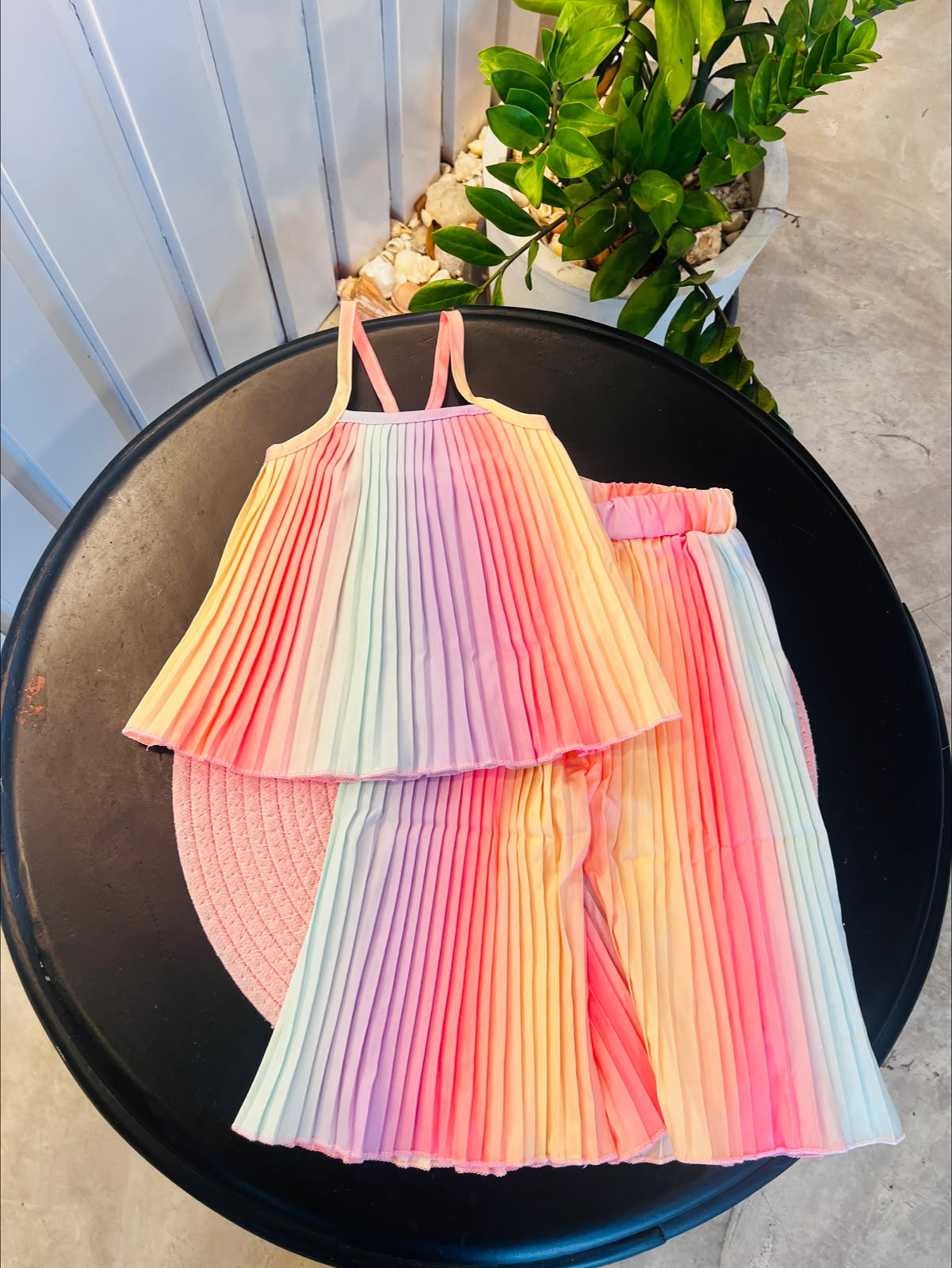 Baby Girls Rainbow Ombre Pleated Spaghetti Strap Crop Top & Wide Leg Pants Set | 3M - 3Y