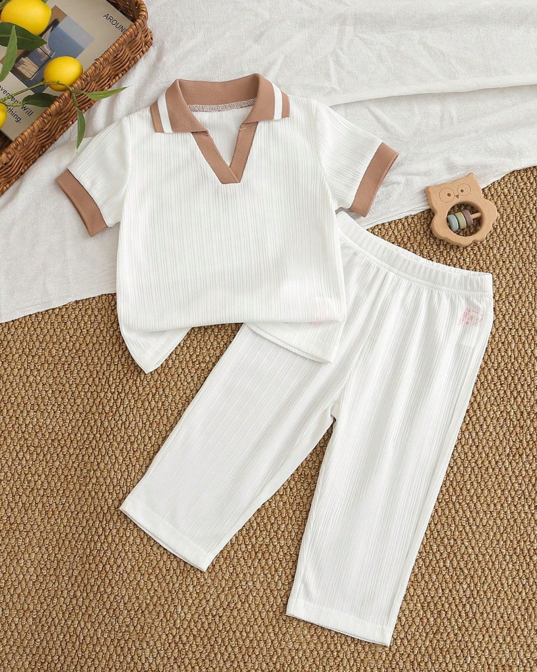 Baby Boys Brown Contrast Polo Short Sleeve Shirt & Long Pants Set | 6M - 3Y