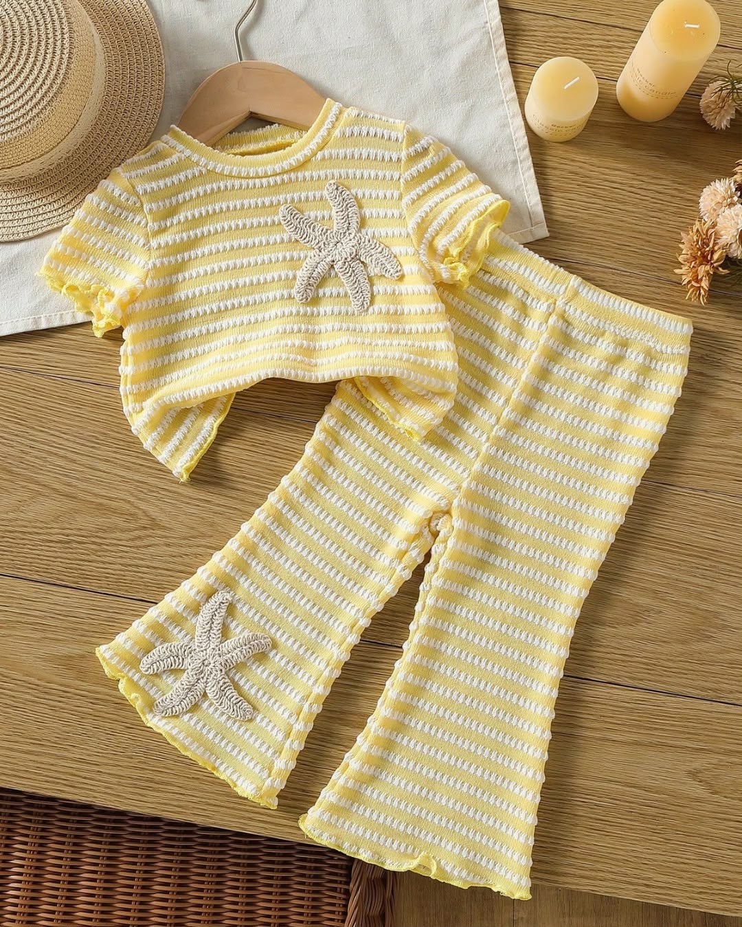 Baby Girls Casual Knit Striped Floral Short Sleeve Top & Flared Long Pants | 6M - 3Y