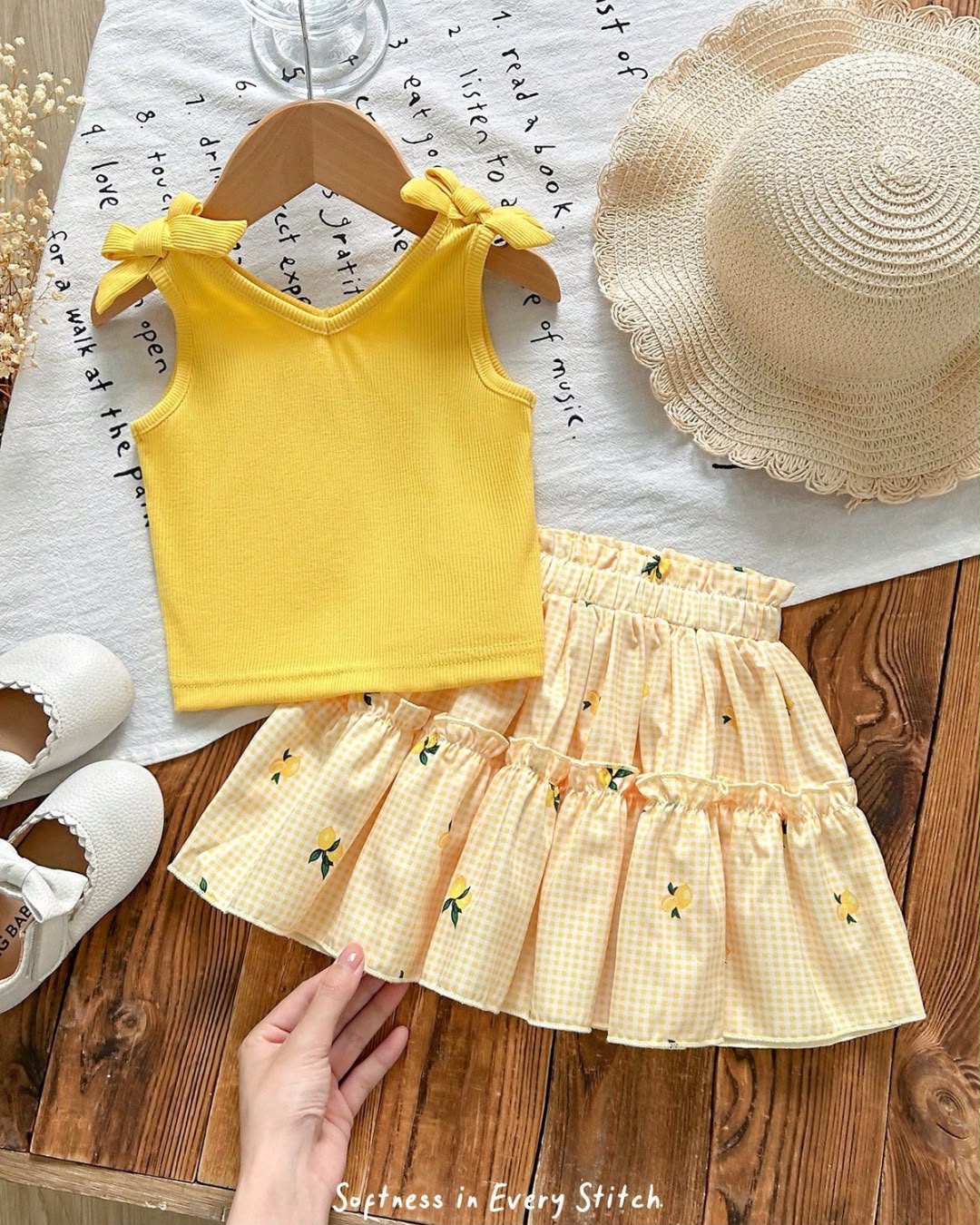 Baby Girls Yellow Knit Camisole Top & Lemon Printed Chiffon Mini Skirt | 6M - 3Y