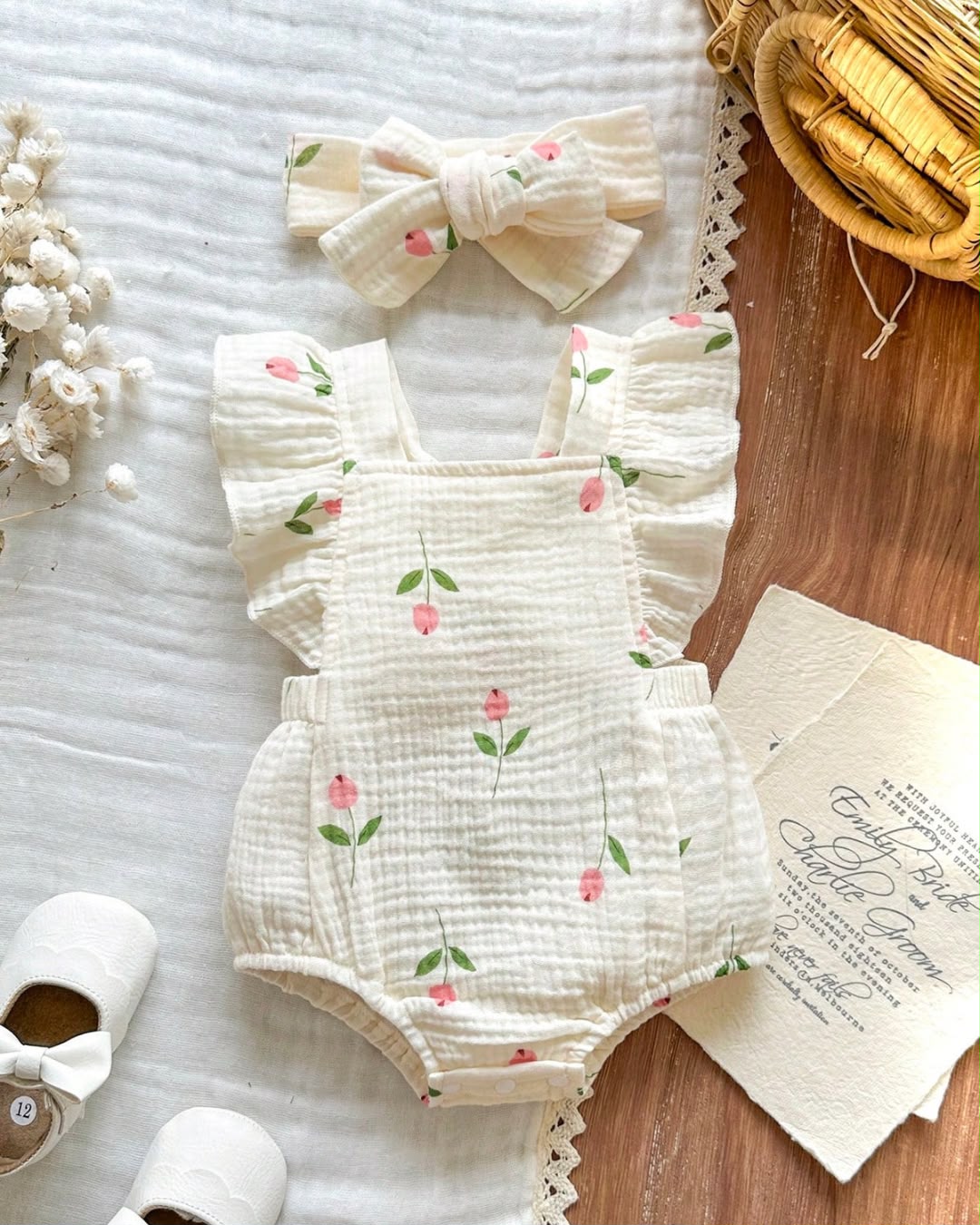 Newborn Pink Tulip Printed Ruffled Flutter Straps Romper With Headband | 0M - 6M