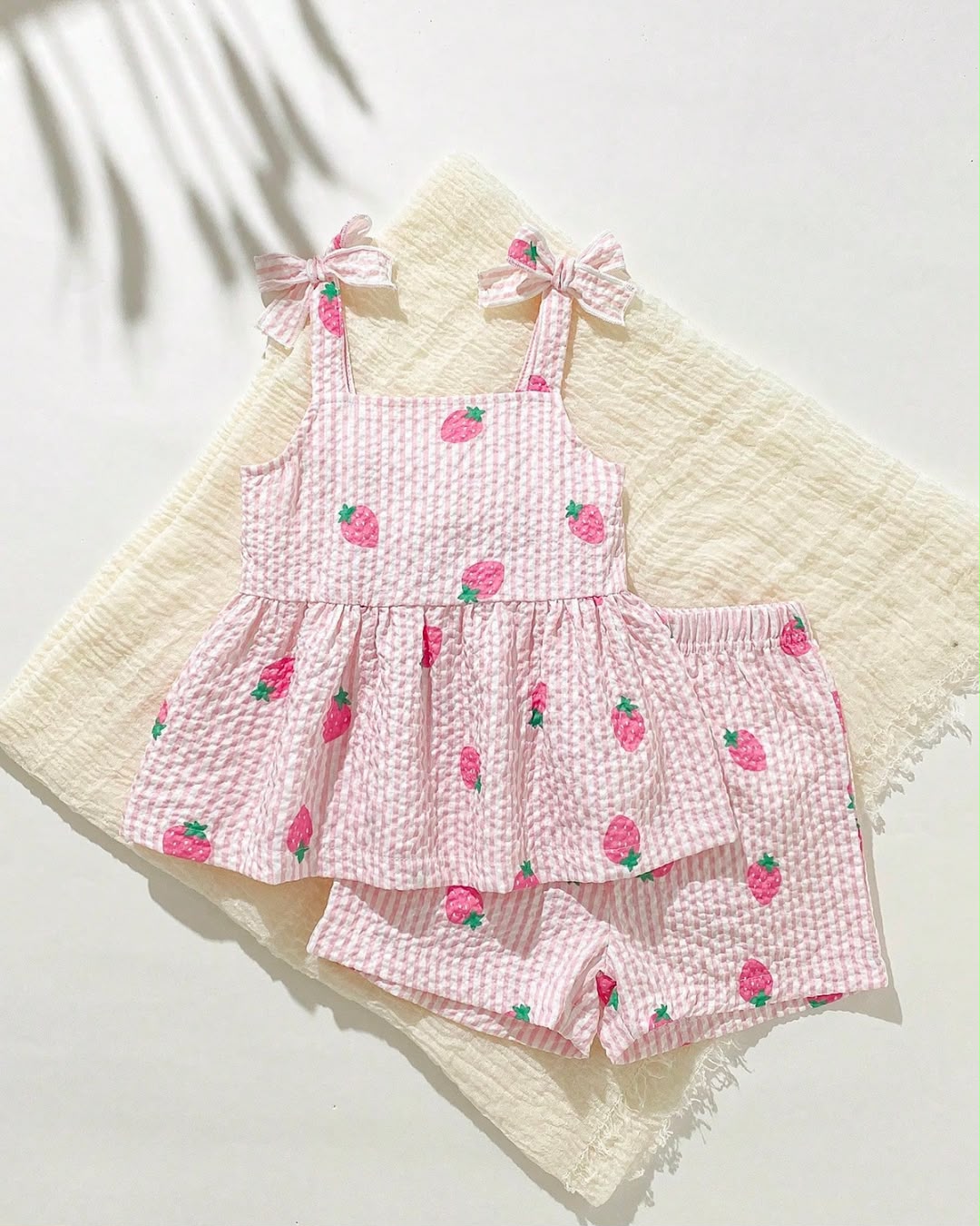 Baby Girls Strawberries Pattern Light Pink Camisole Top & Shorts Set | 3M - 3Y