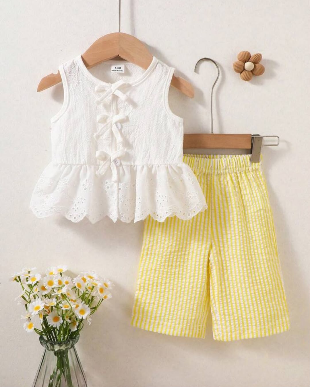 Newborn Sleeveless Eyelet Top & Yellow Striped Pant Set | 0M - 6M